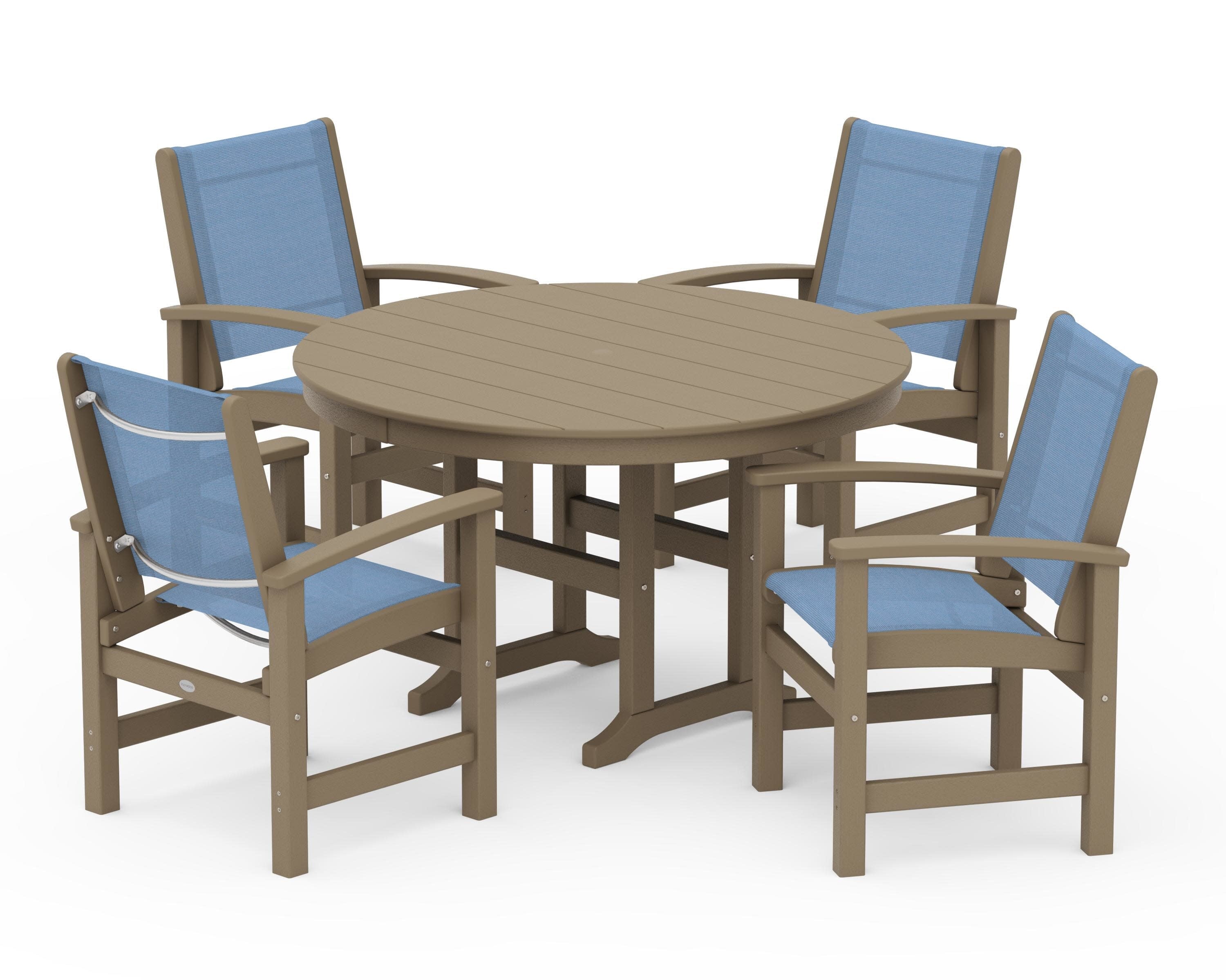 Coastal 5-Piece Round Farmhouse Dining Set in Vintage Sahara / Poolside Sling