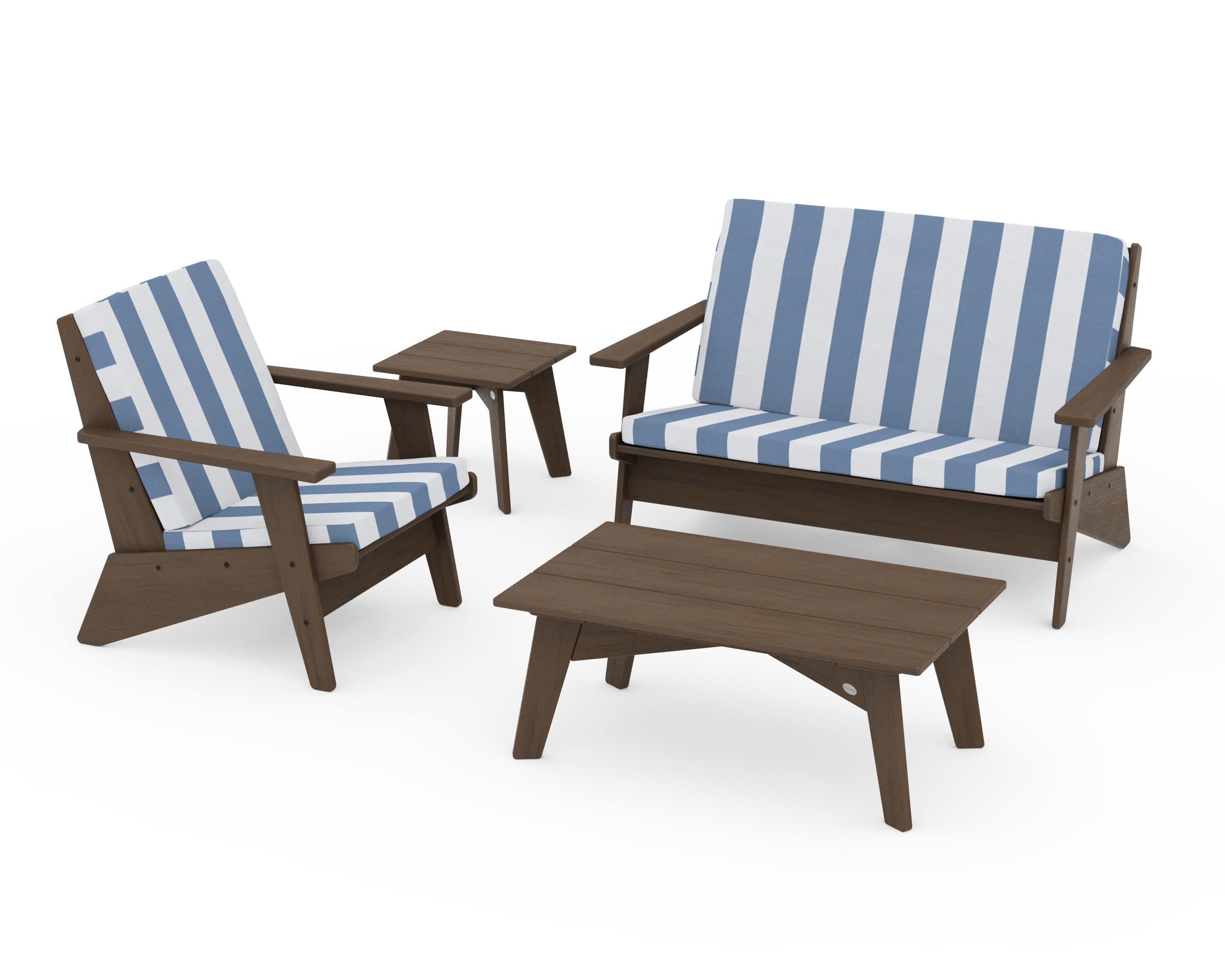 Riviera Modern Lounge 4-Piece Set in Kona / Cabana Stripe Sky Blue