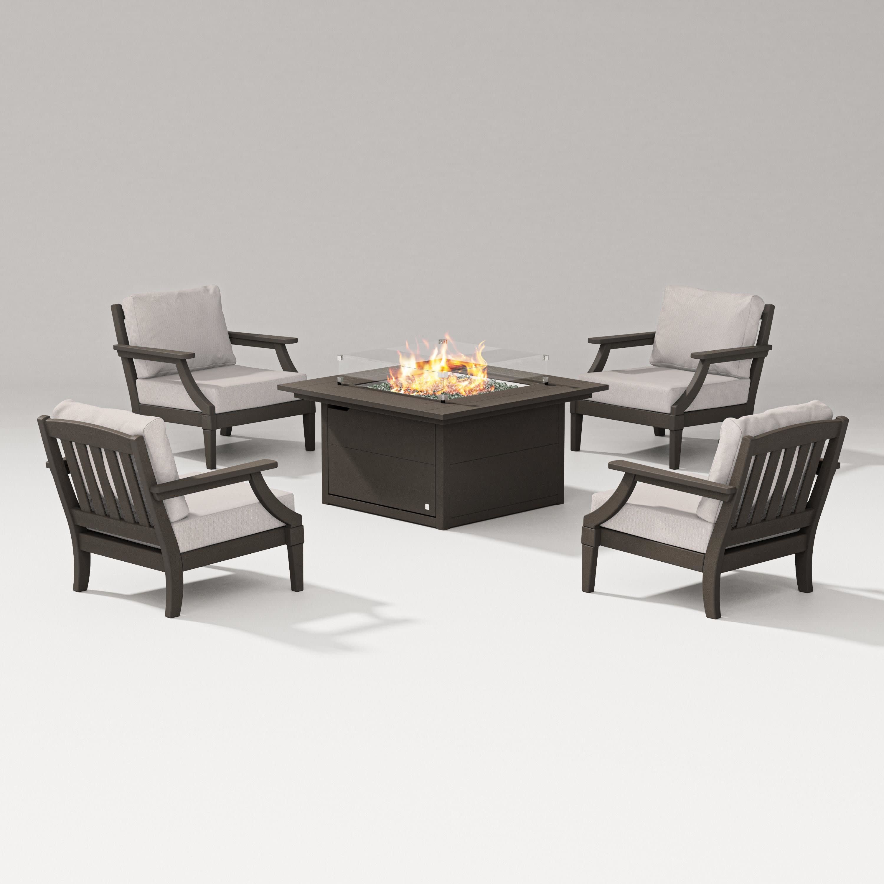Estate 5-Piece Lounge Fire Table Set in Vintage Coffee / Dune Burlap