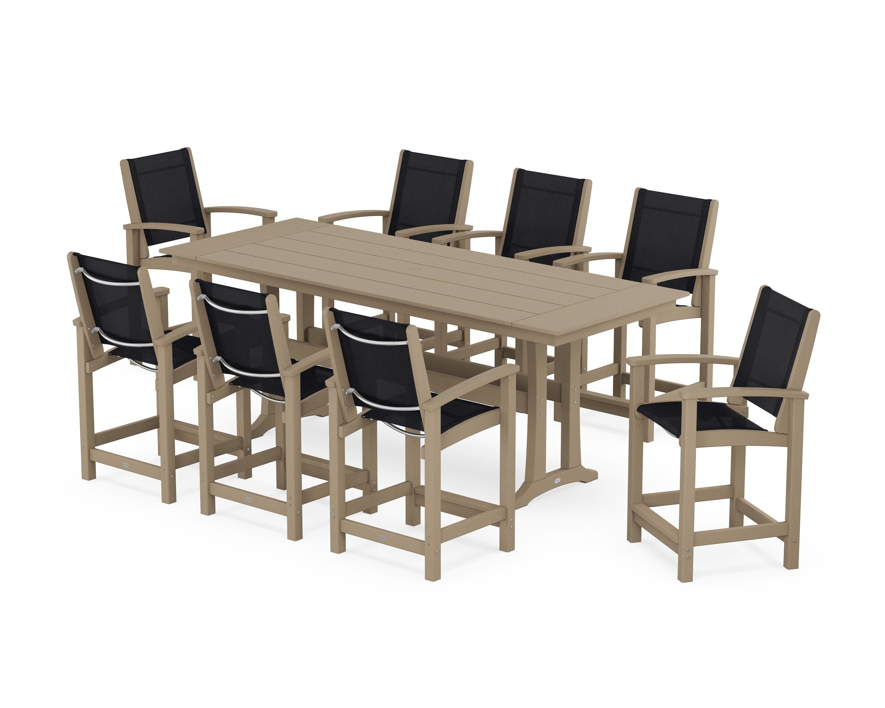 Coastal 9-Piece Farmhouse Counter Set with Trestle Legs in Vintage Sahara / Black Sling