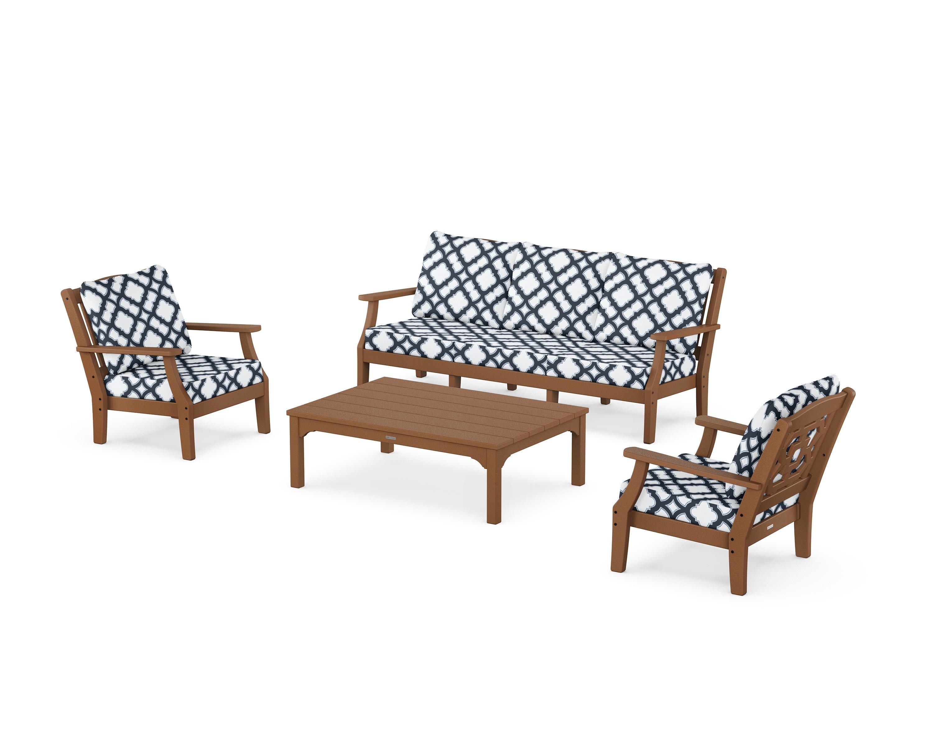 Chinoiserie 4-Piece Deep Seating Set with Sofa in Teak / Trellis Marine Indigo
