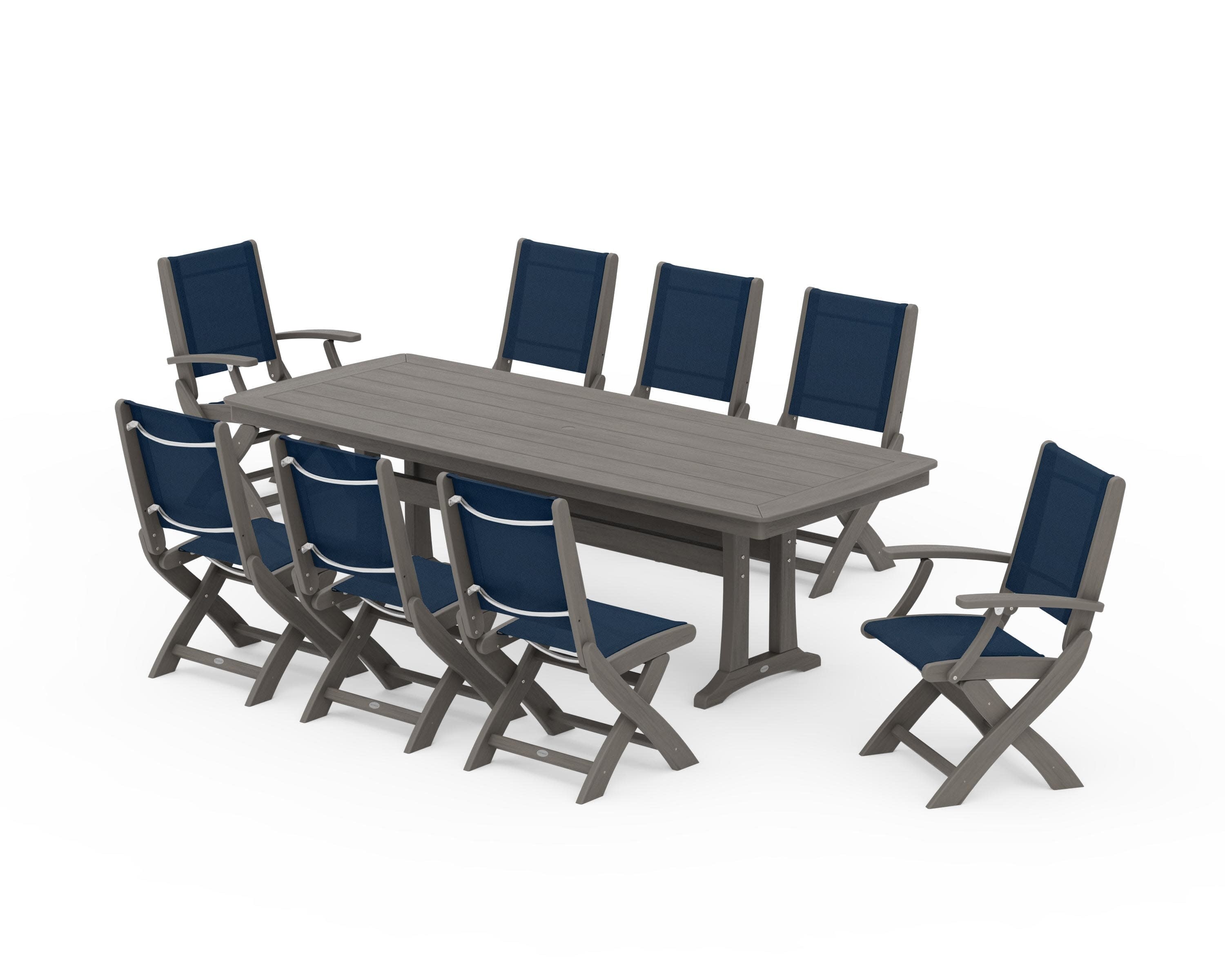 Coastal Folding 9-Piece Dining Set with Trestle Legs in Driftwood / Navy Blue Sling