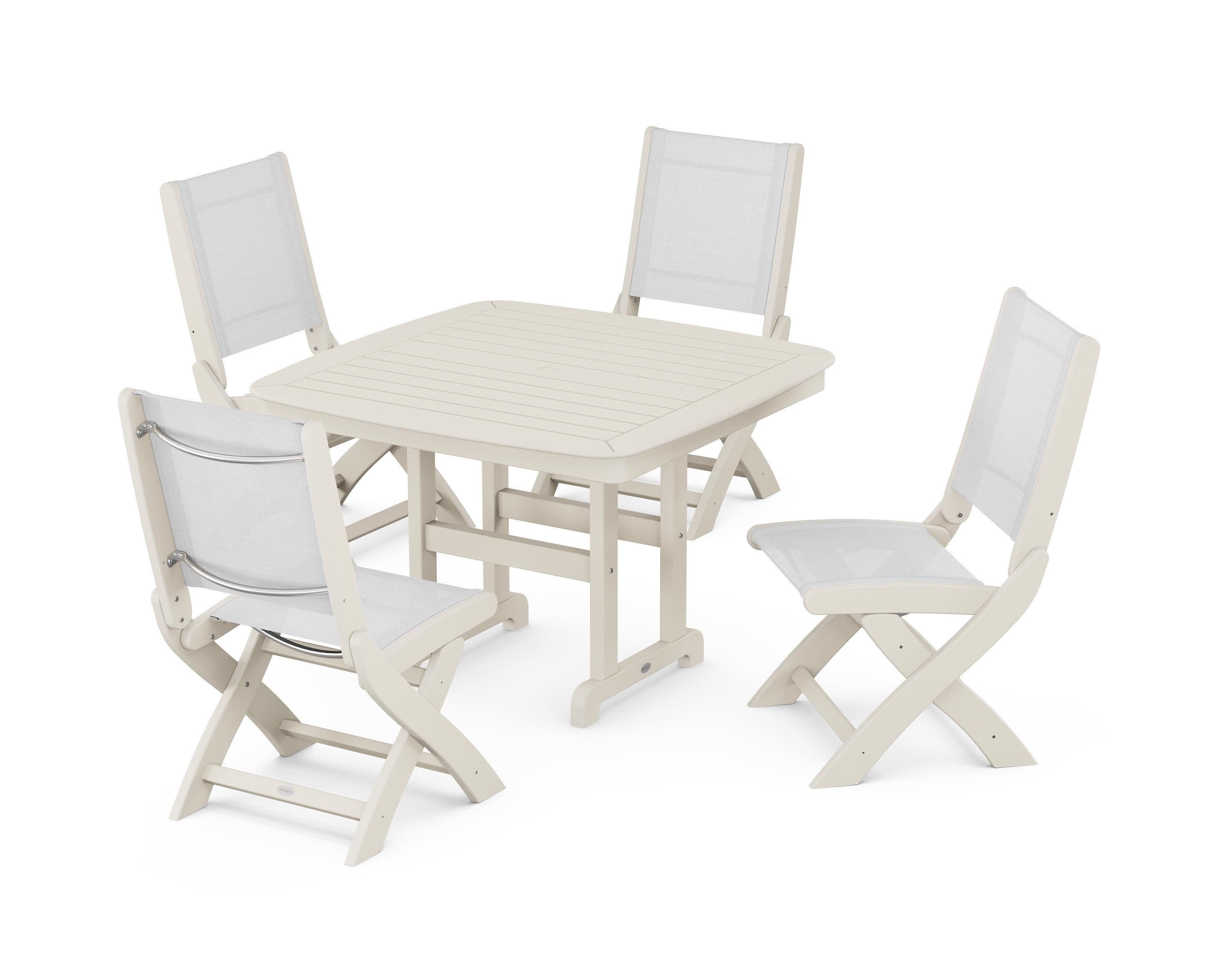Coastal Folding Side Chair 5-Piece Dining Set in Sand / White Sling