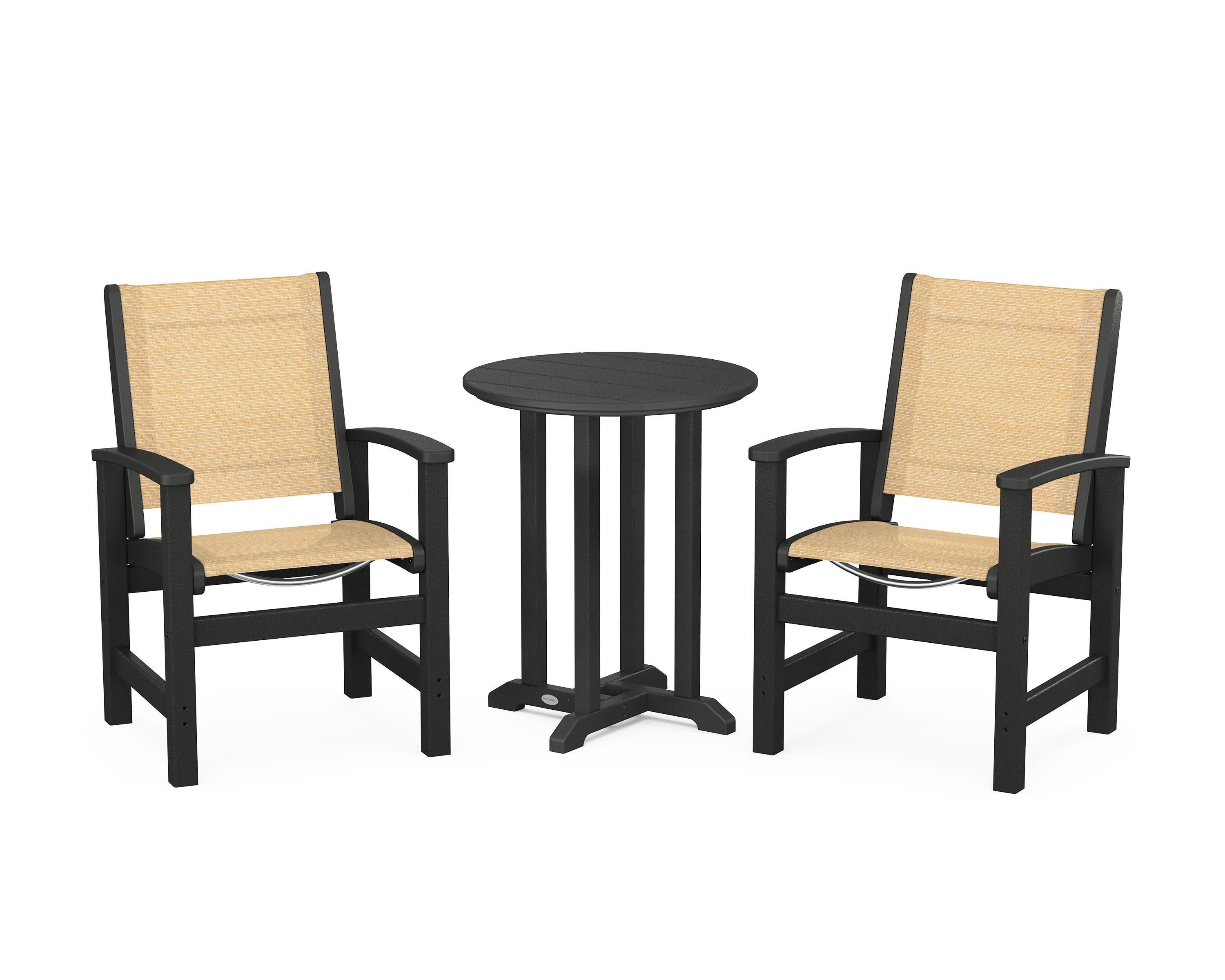 Coastal 3-Piece Round Bistro Dining Set in Black / Dupioni Apricot Sling