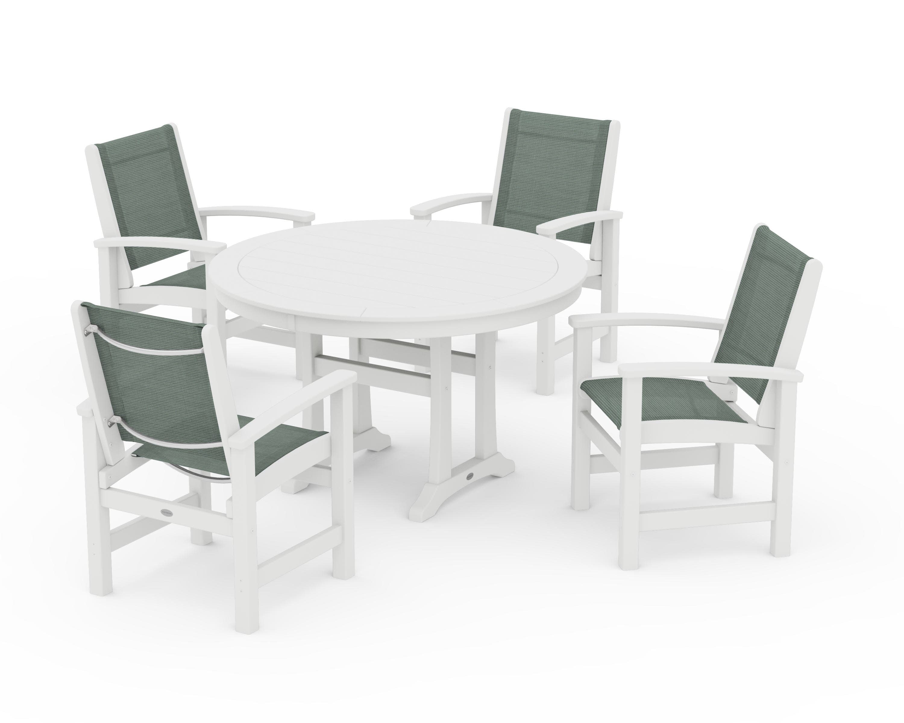 Coastal 5-Piece Round Dining Set with Trestle Legs in White / Dupioni Sea Mist Sling