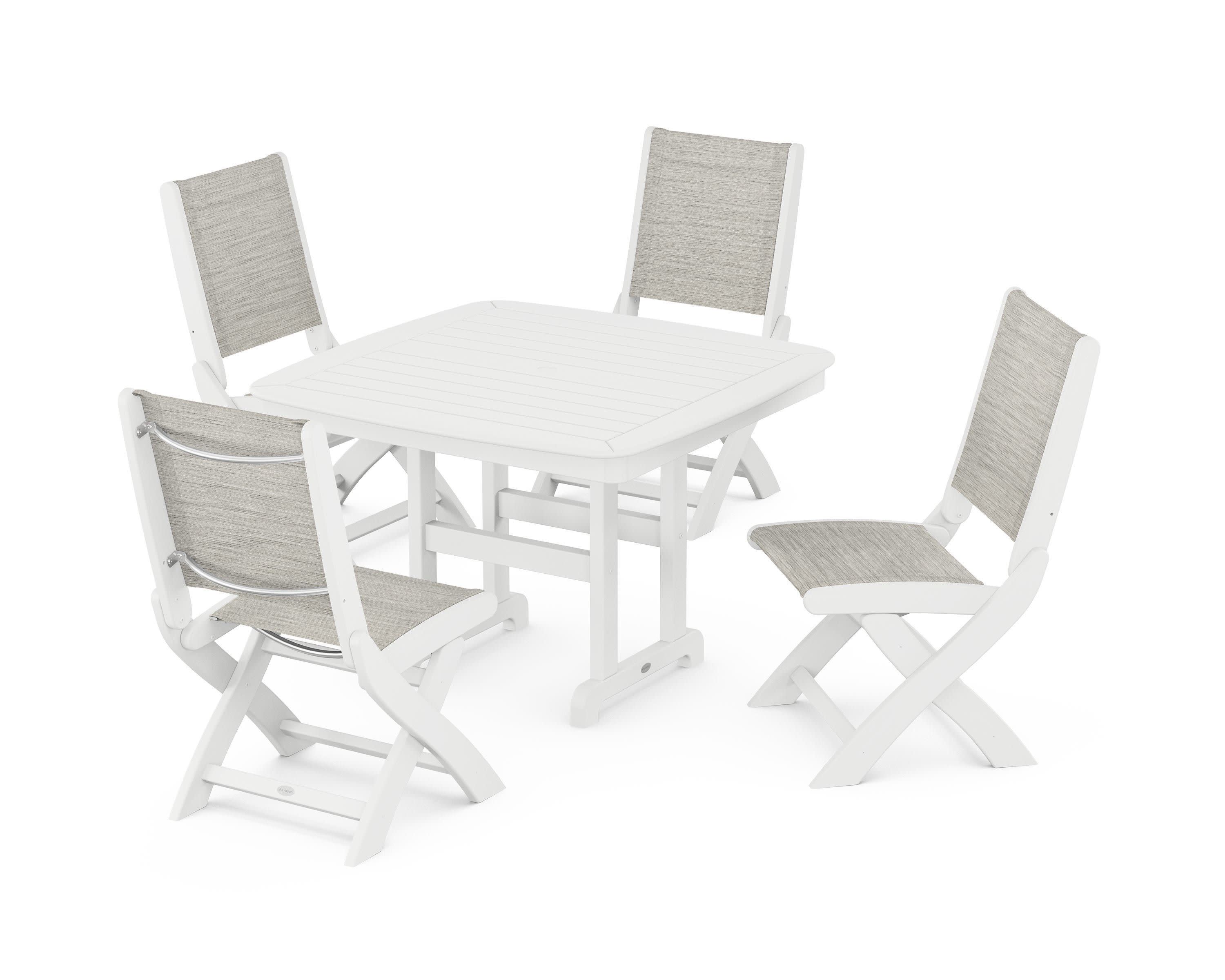 Coastal Folding Side Chair 5-Piece Dining Set in White / Birch Sling