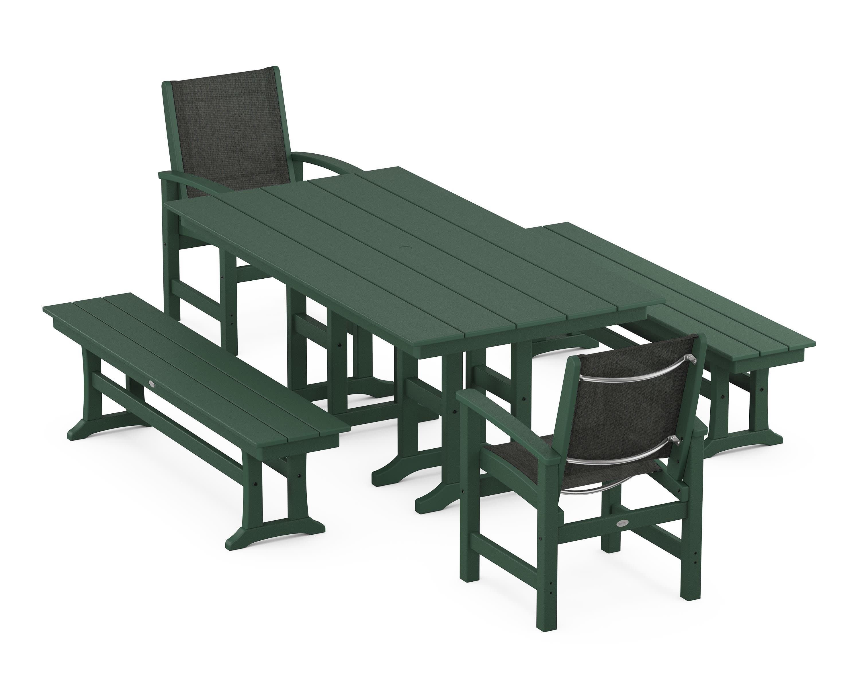 Coastal 5-Piece Farmhouse Dining Set in Green / Ember Sling