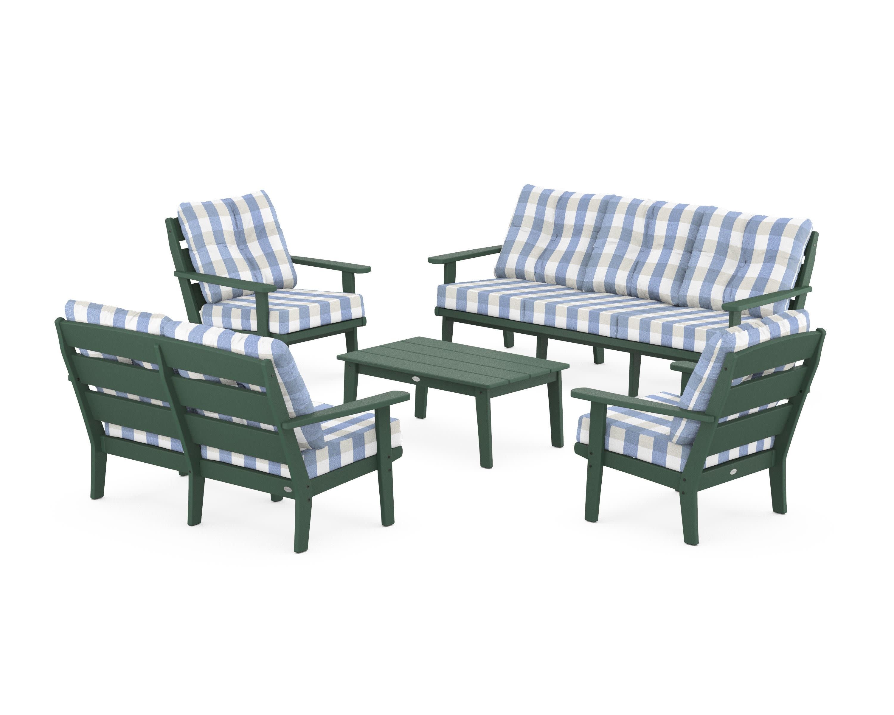 Lakeside 5-Piece Lounge Sofa Set in Green / Buffalo Plaid Sky Blue