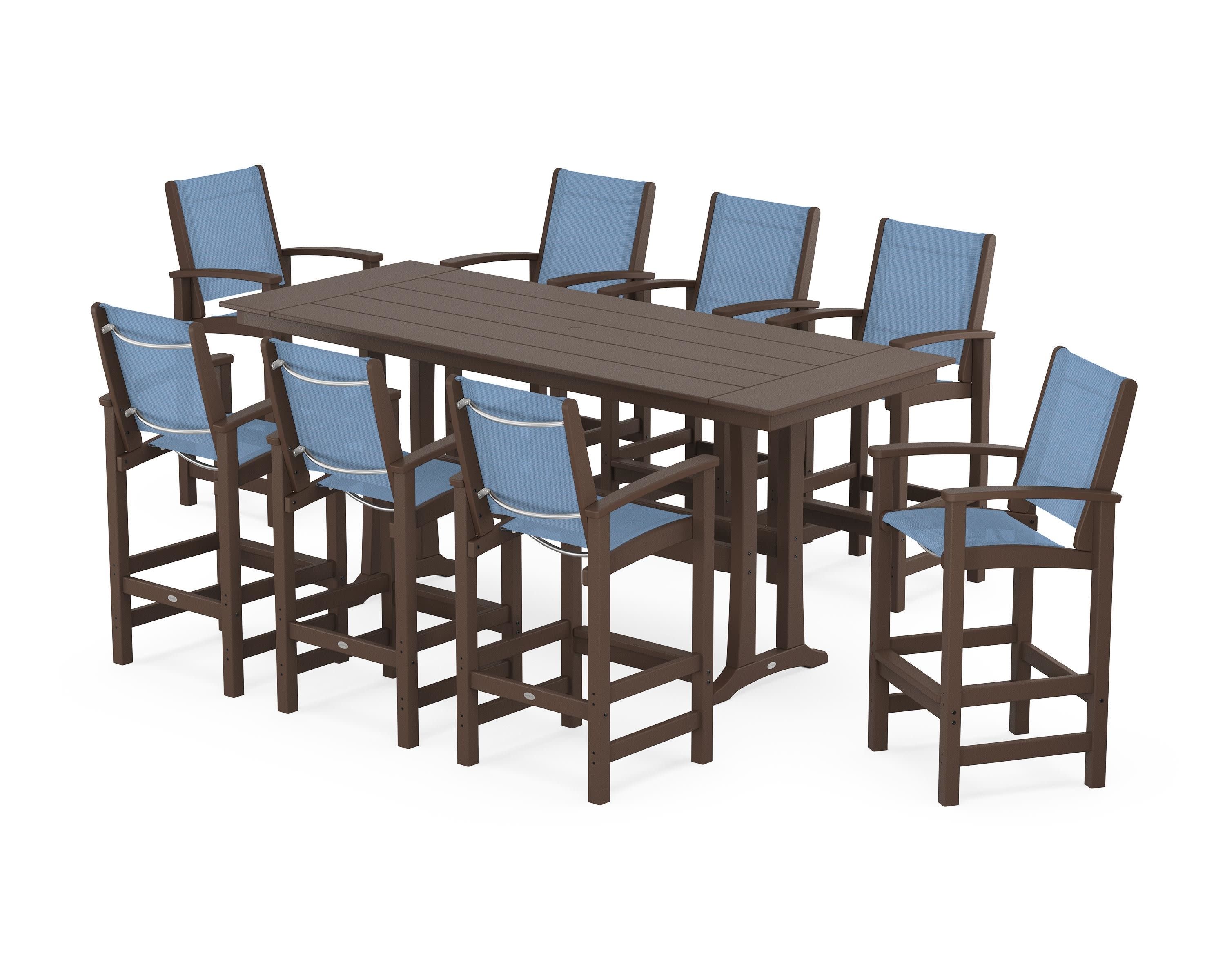 Coastal 9-Piece Farmhouse Bar Set with Trestle Legs in Mahogany / Poolside Sling