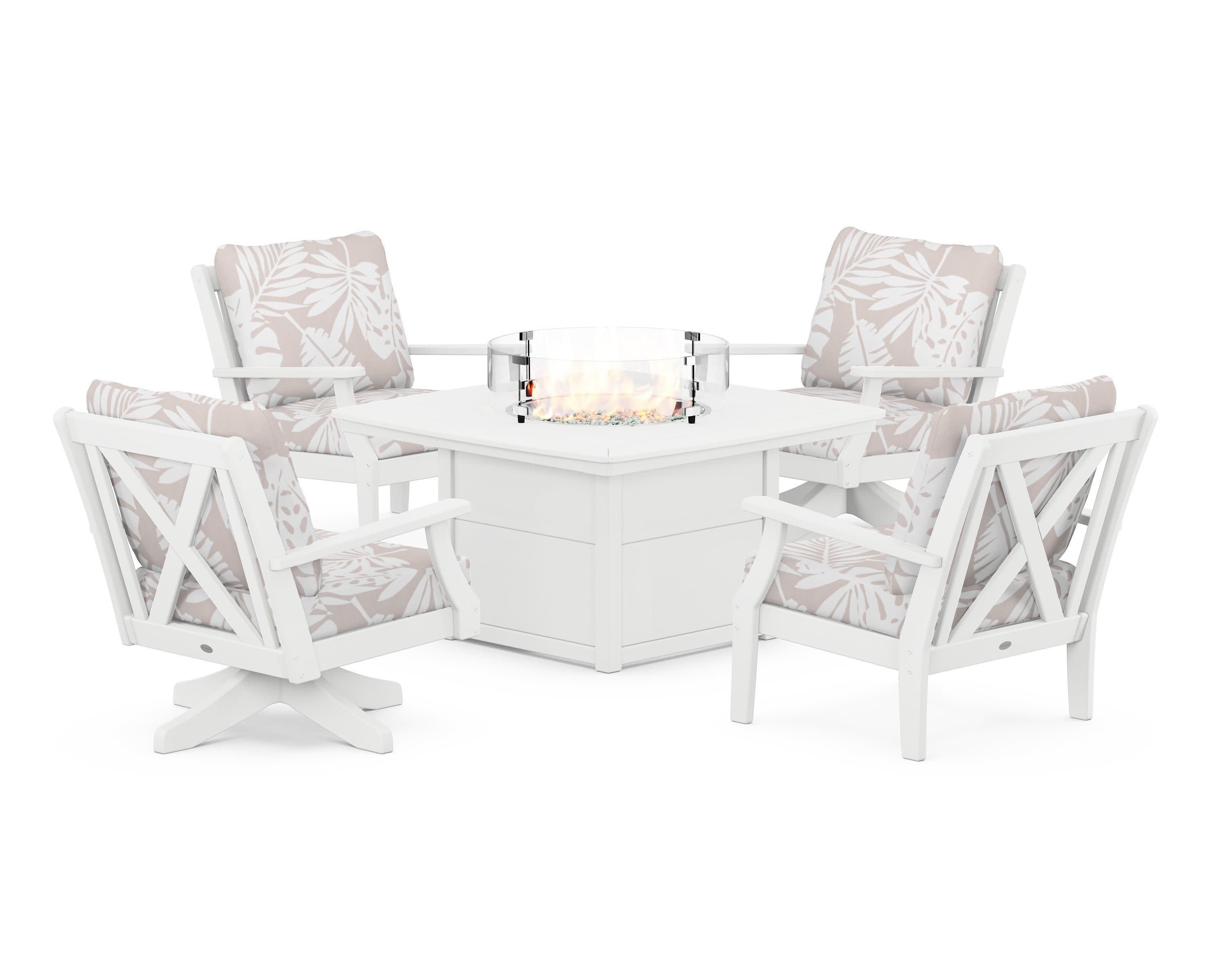 Braxton 5-Piece Deep Seating Set with Fire Table in White / Leaf Dune Burlap