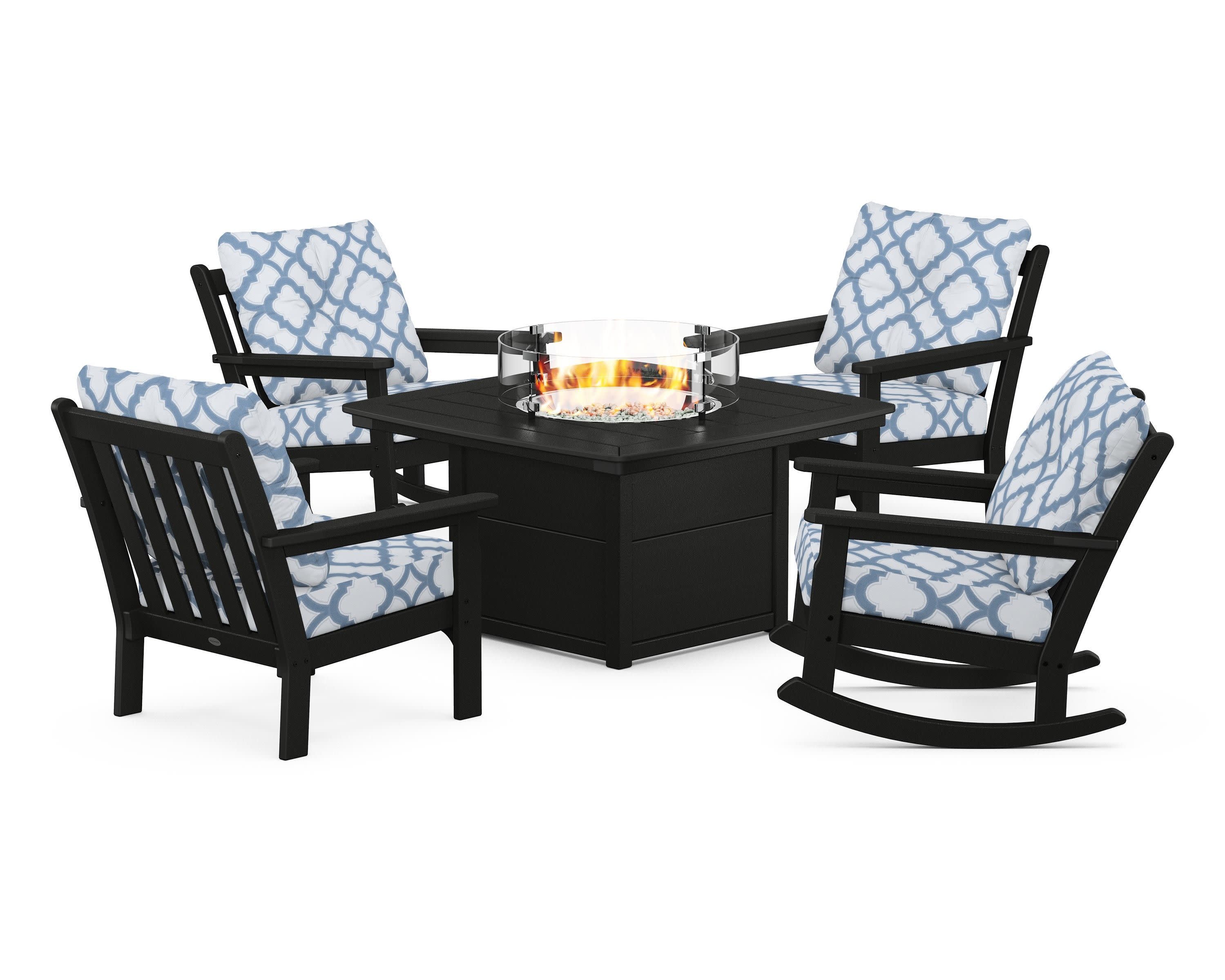 Vineyard 5-Piece Deep Seating Rocking Chair Conversation Set with Fire Pit Table in Black / Trellis Sky Blue