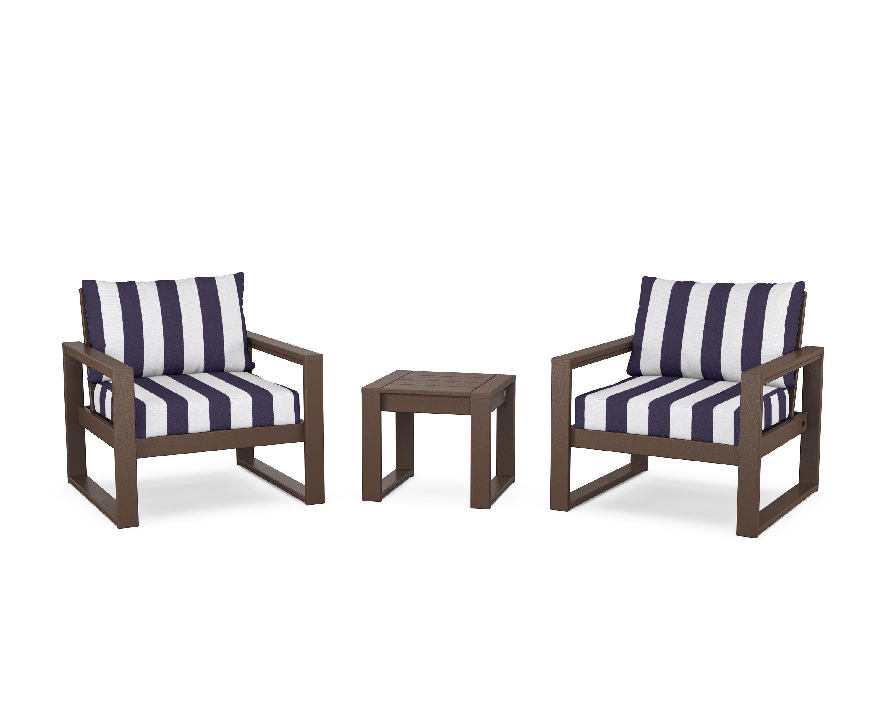 EDGE Sectional 3-Piece Deep Seating Set in Mahogany / Cabana Stripe Navy