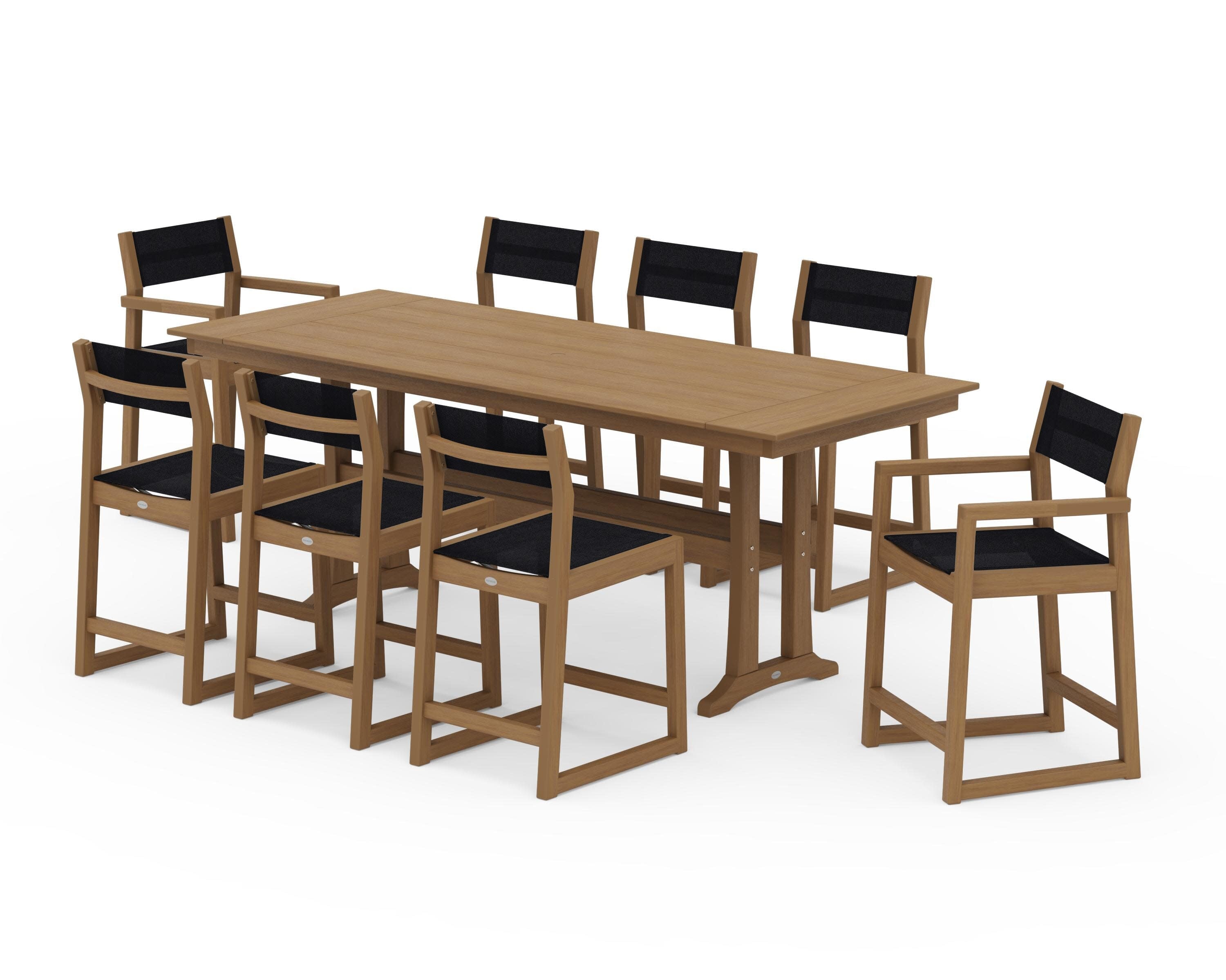 EDGE Sling 9-Piece Farmhouse Counter Set with Trestle Legs in Natural / Black Sling