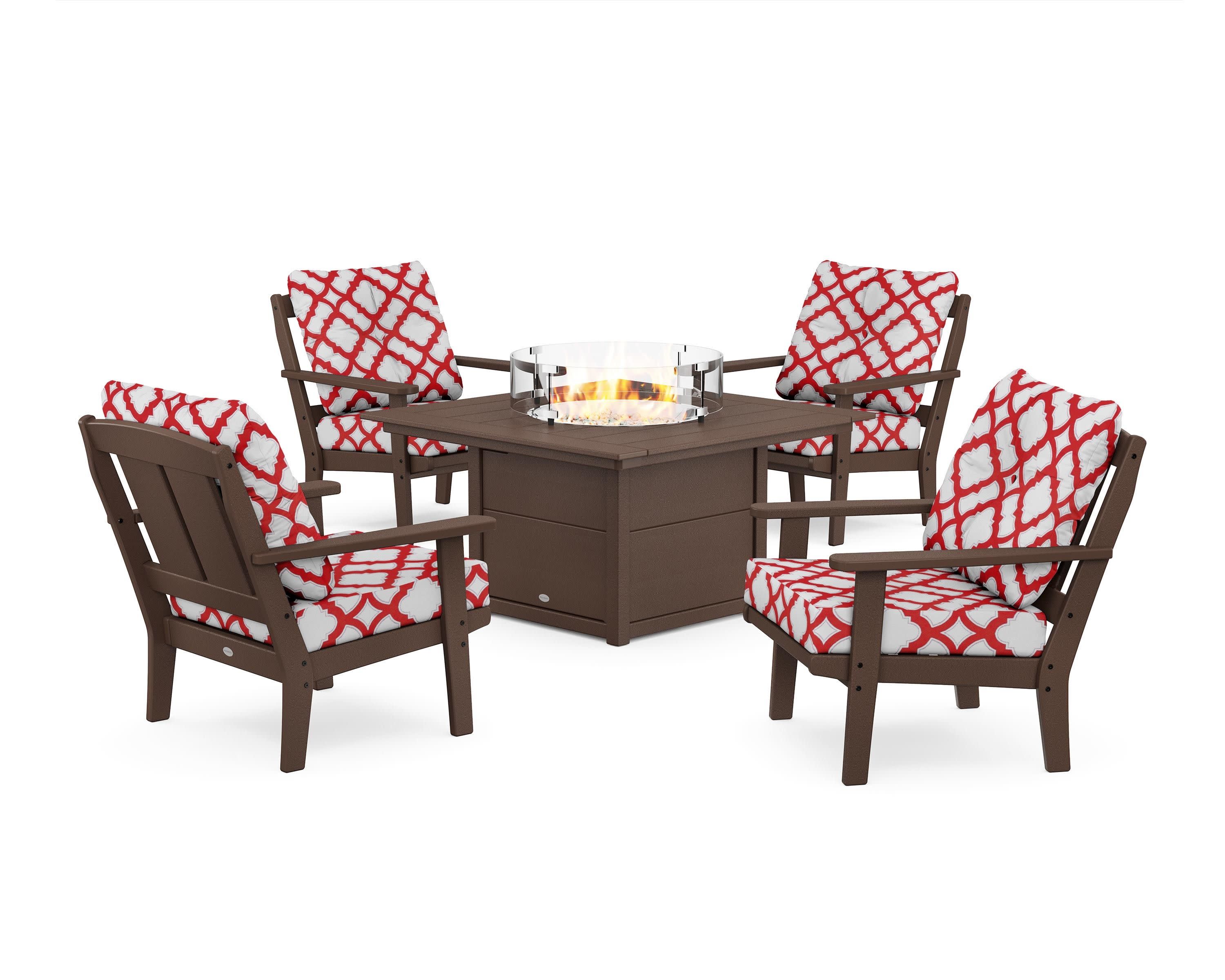 Mission 5-Piece Deep Seating Set with Fire Pit Table in Mahogany / Trellis Crimson