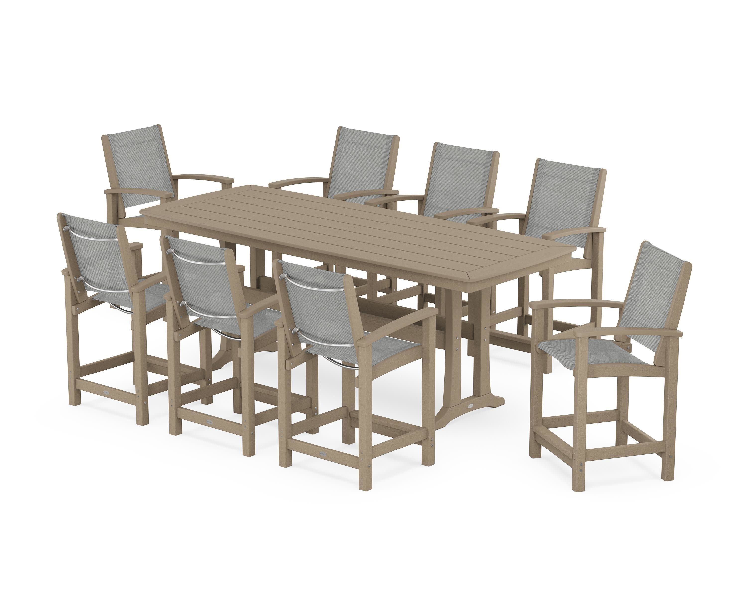 Coastal 9-Piece Counter Set with Trestle Legs in Vintage Sahara / Metallic Sling