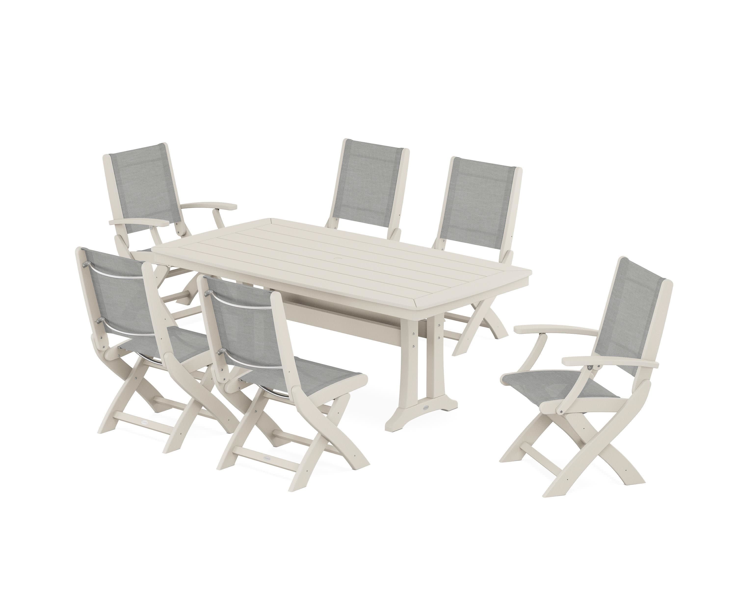 Coastal Folding Chair 7-Piece Dining Set with Trestle Legs in Sand / Metallic Sling
