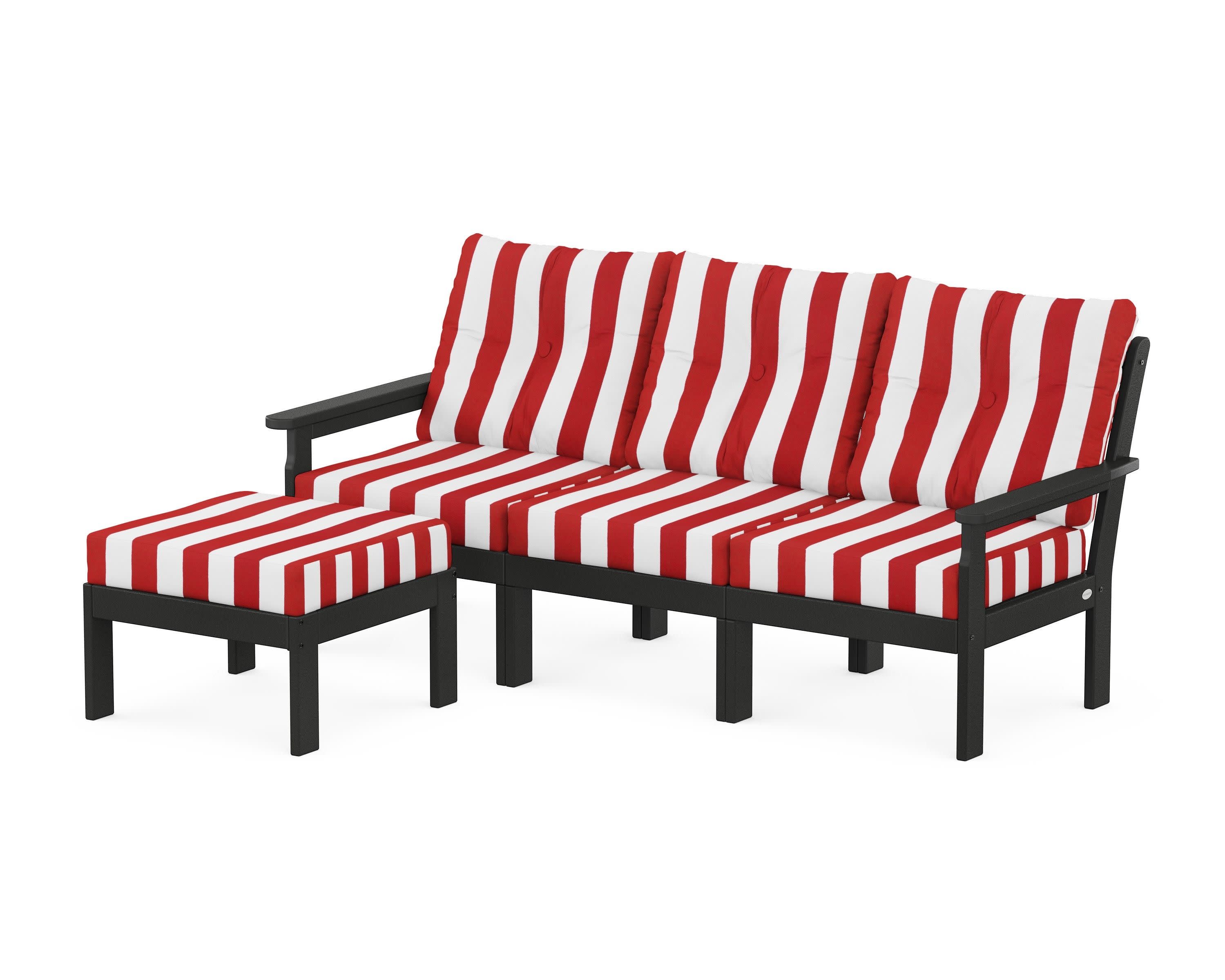 Vineyard 4-Piece Sectional with Ottoman in Black / Cabana Stripe Crimson