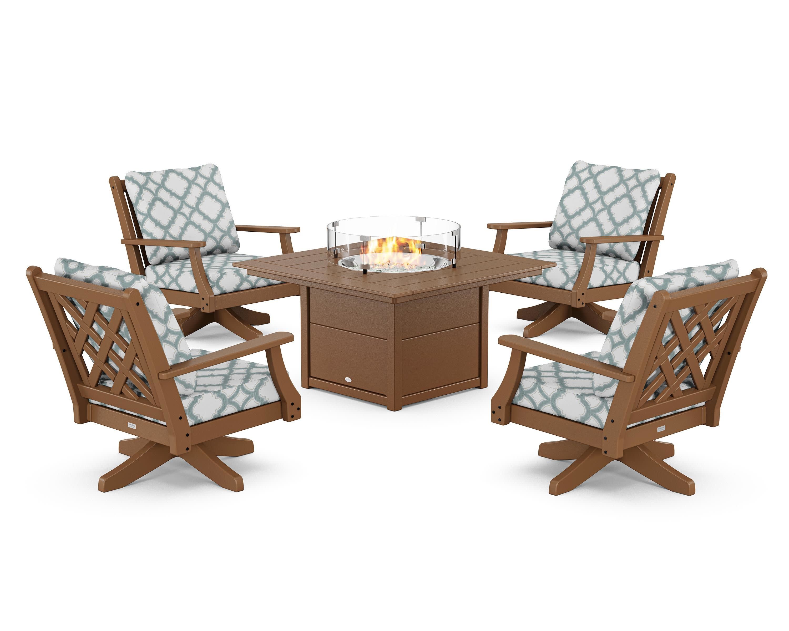 Wovendale 5-Piece Deep Seating Swivel Conversation Set with Fire Pit Table in Teak / Trellis Glacier Spa
