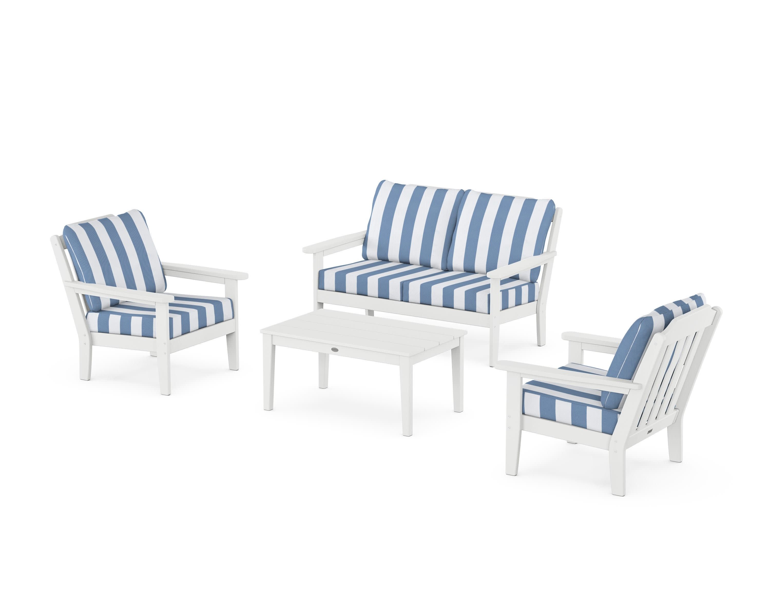 Cottage 4-Piece Deep Seating Set with Loveseat in White / Cabana Stripe Sky Blue
