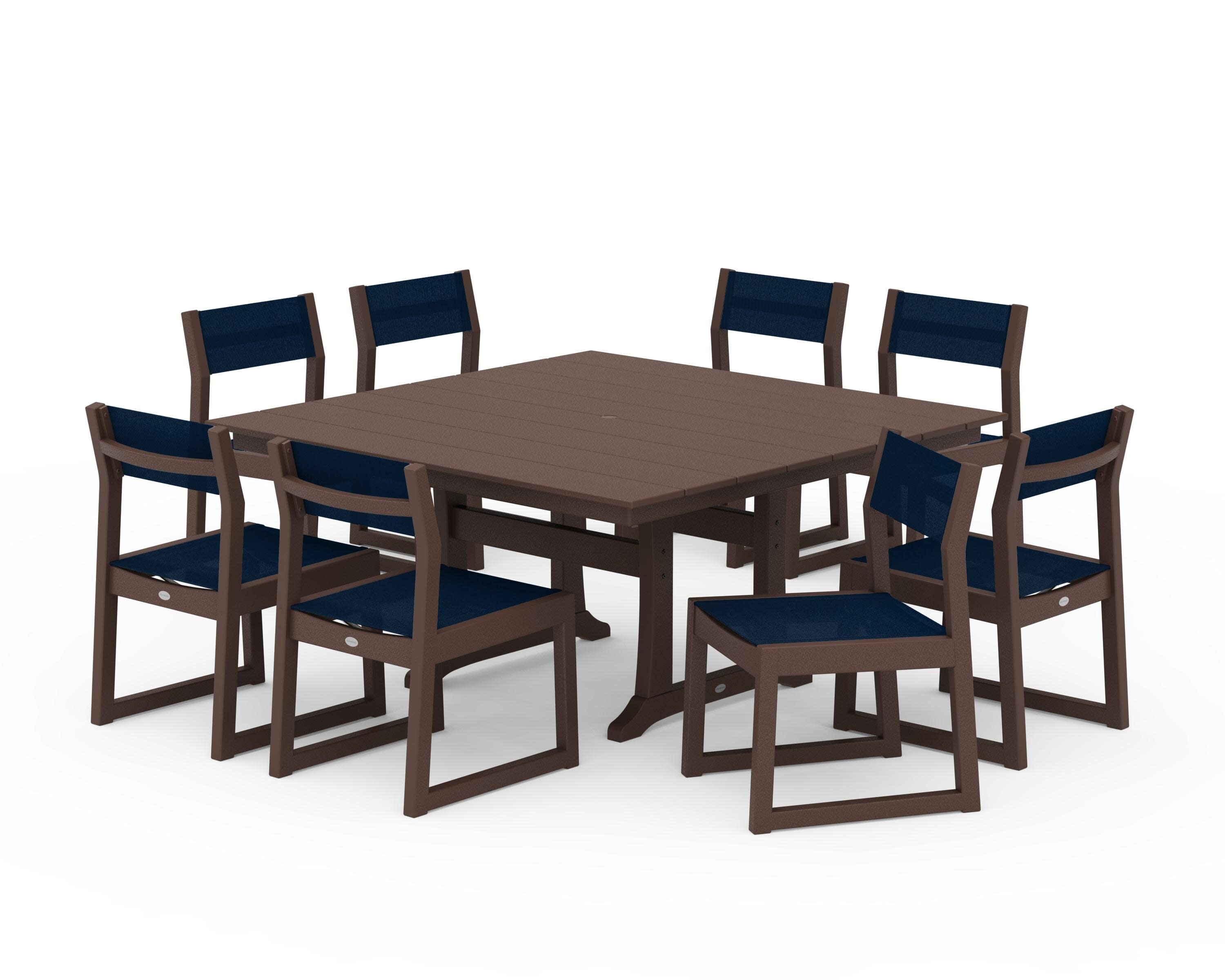 EDGE Sling Side Chair 9-Piece Farmhouse Trestle Dining Set in Mahogany / Navy Blue Sling