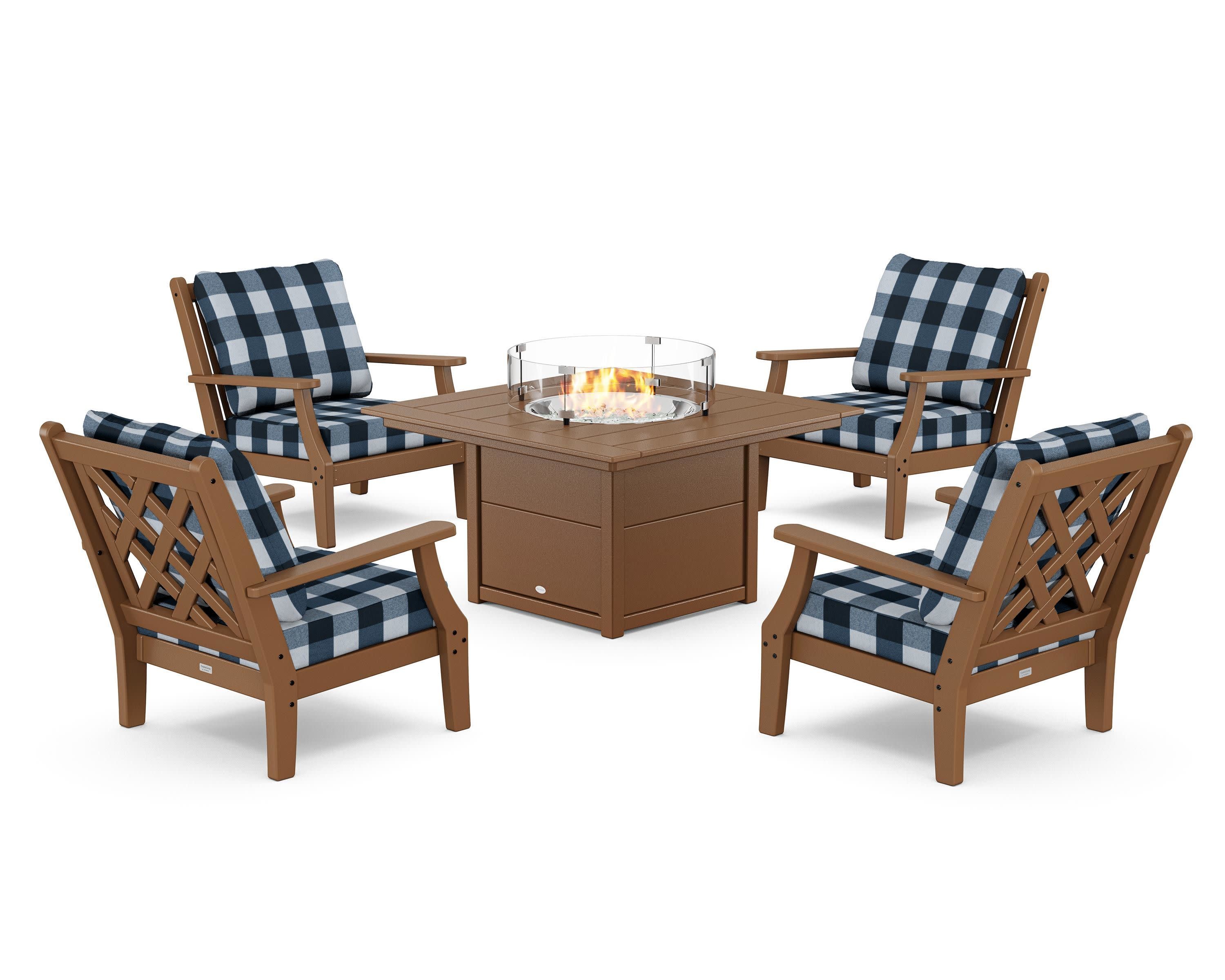 Wovendale 5-Piece Deep Seating Set with Fire Pit Table in Teak / Buffalo Plaid Marine Indigo