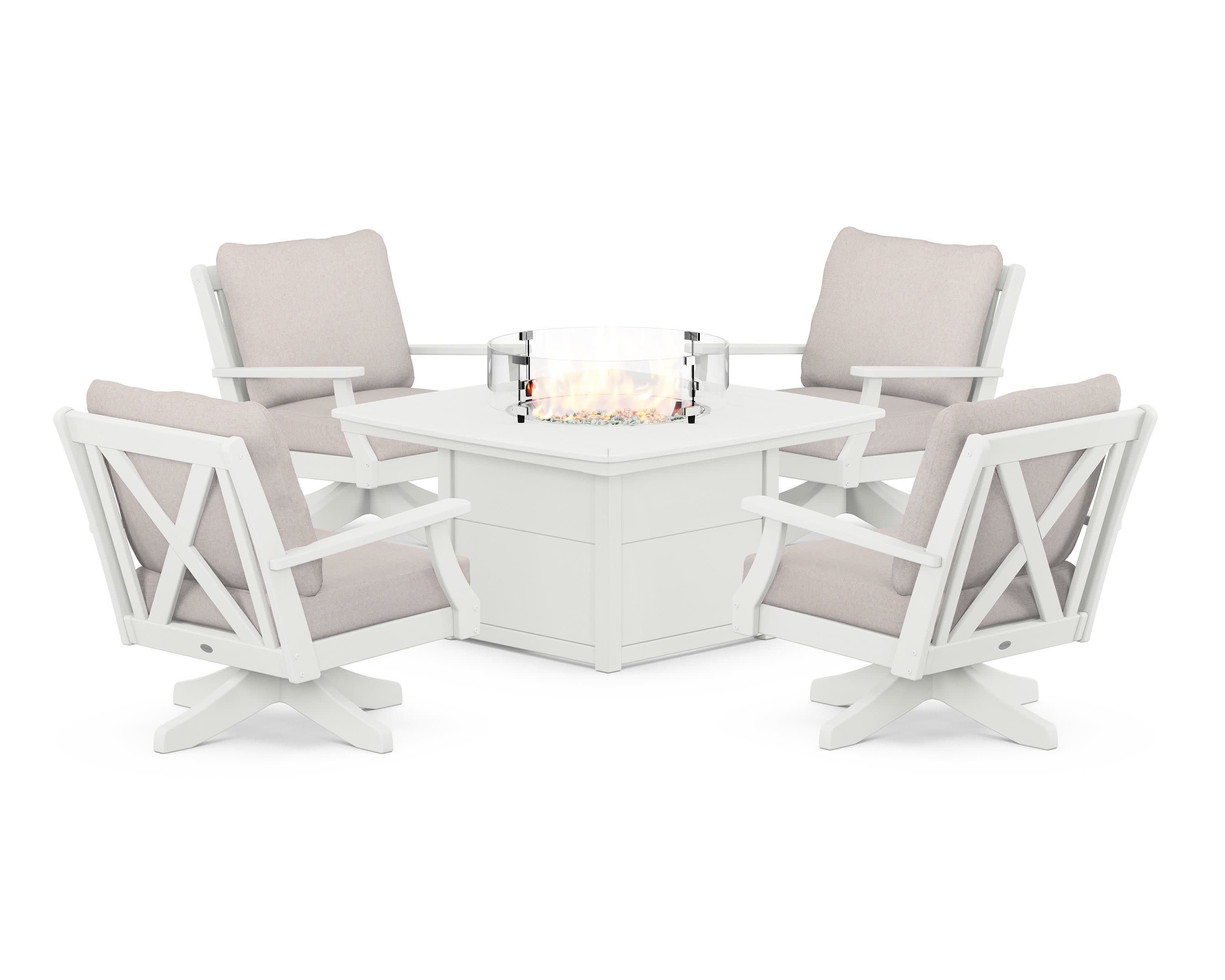 Braxton 5-Piece Deep Seating Swivel Conversation Set with Fire Pit Table in Vintage White / Dune Burlap