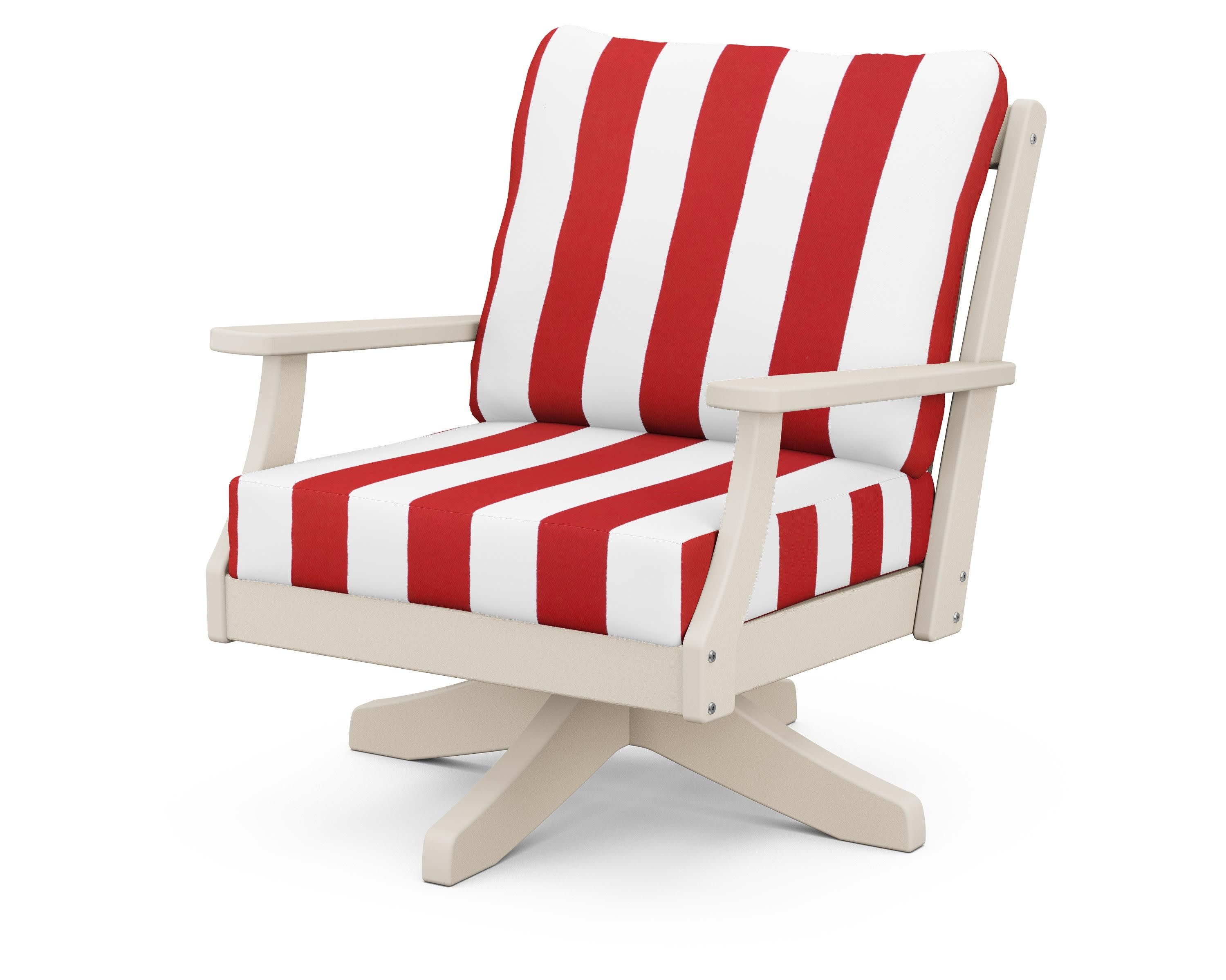 Braxton Deep Seating Swivel Chair in Sand / Cabana Stripe Crimson