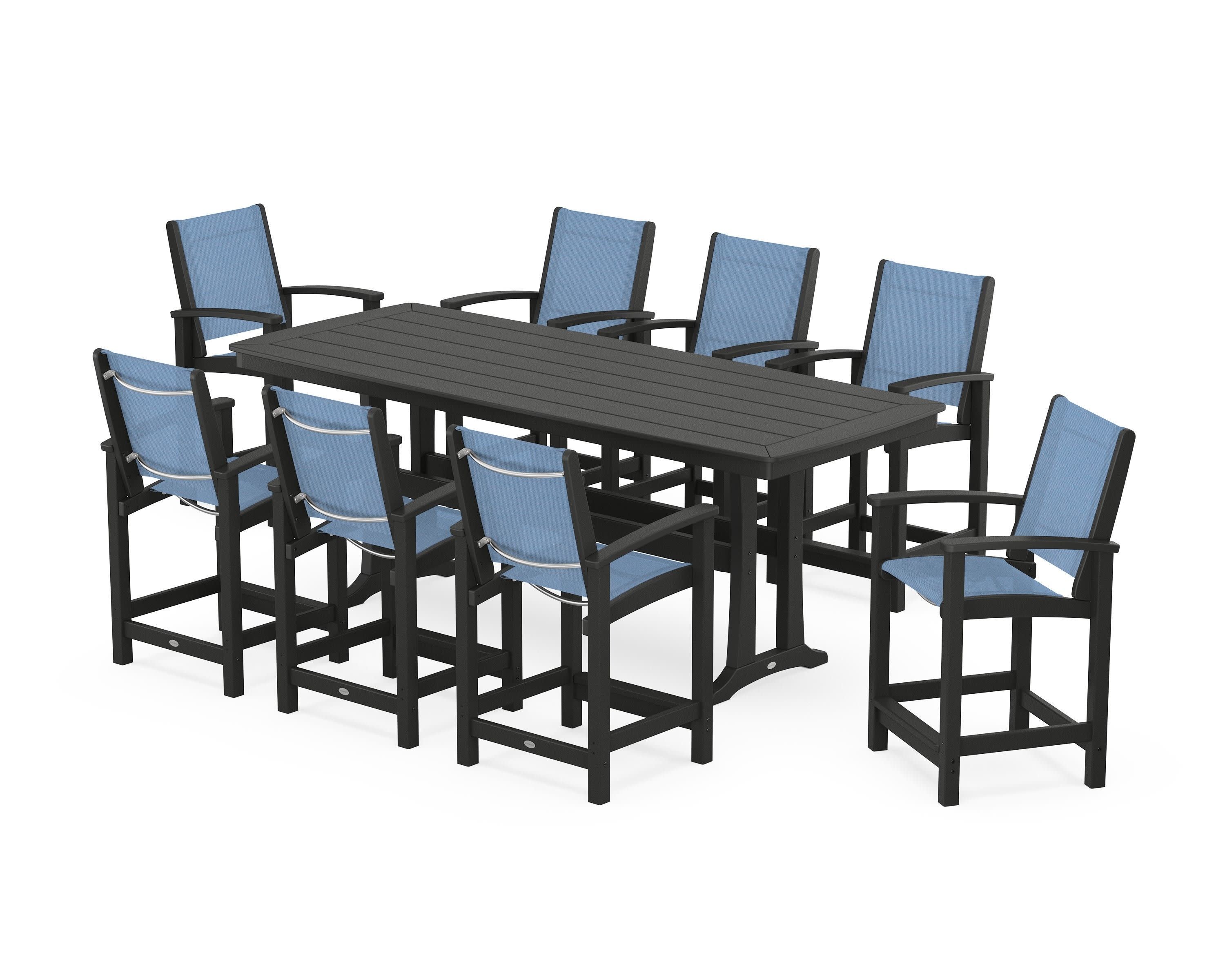 Coastal 9-Piece Counter Set with Trestle Legs in Black / Poolside Sling