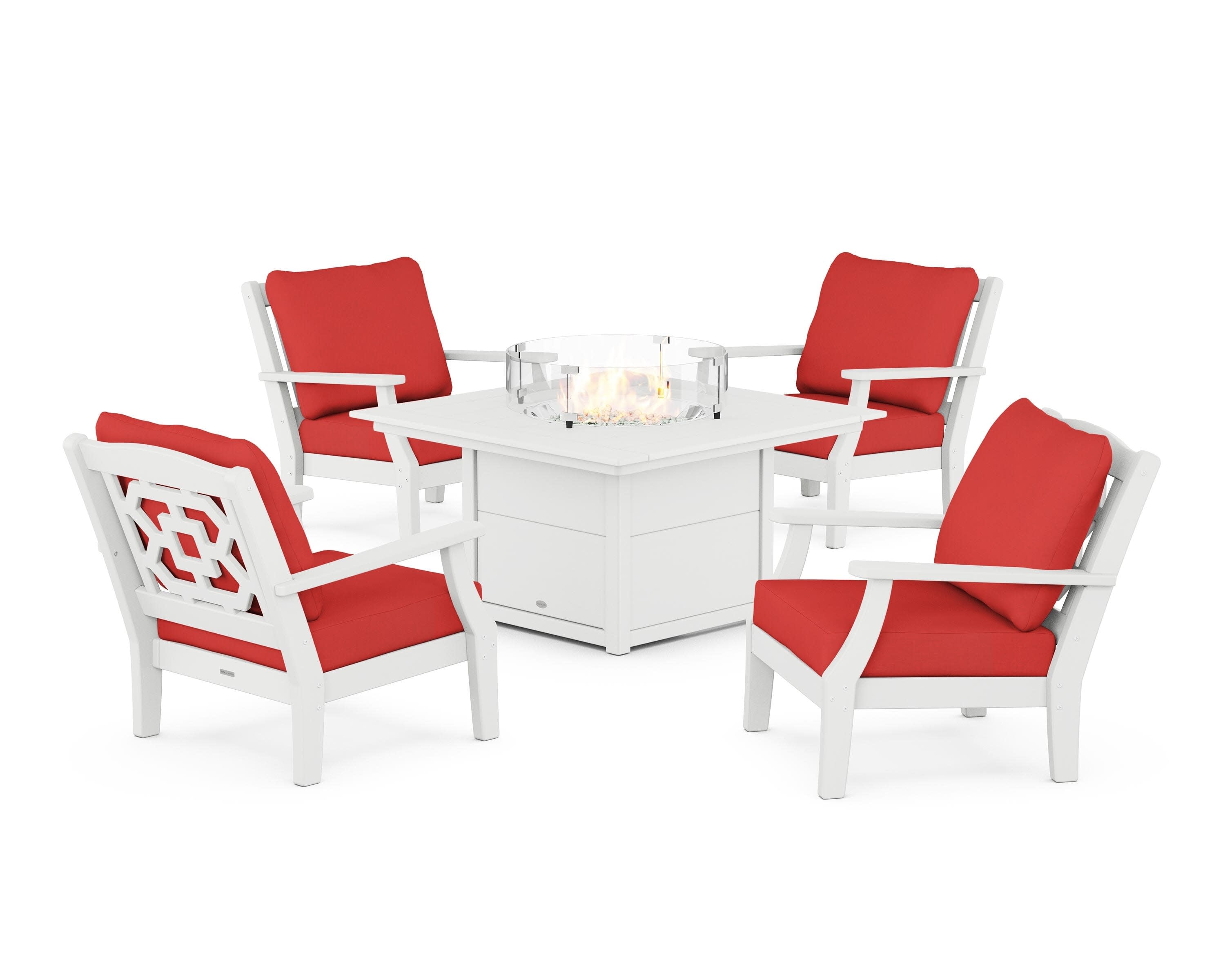 Chinoiserie 5-Piece Deep Seating Set with Fire Pit Table in White / Crimson Linen