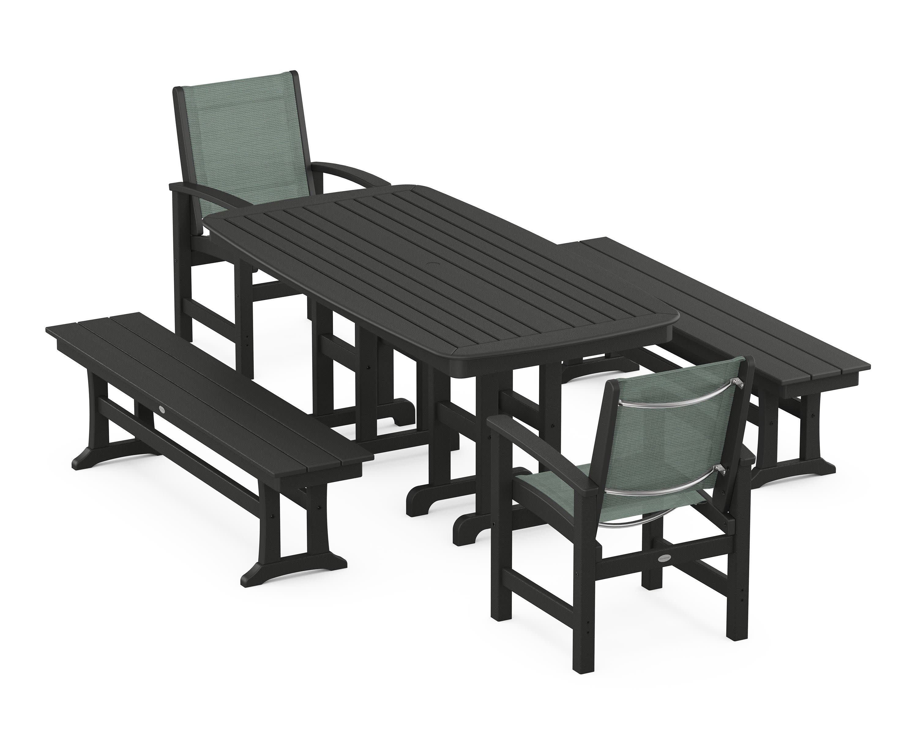 Coastal 5-Piece Dining Set in Black / Dupioni Sea Mist Sling