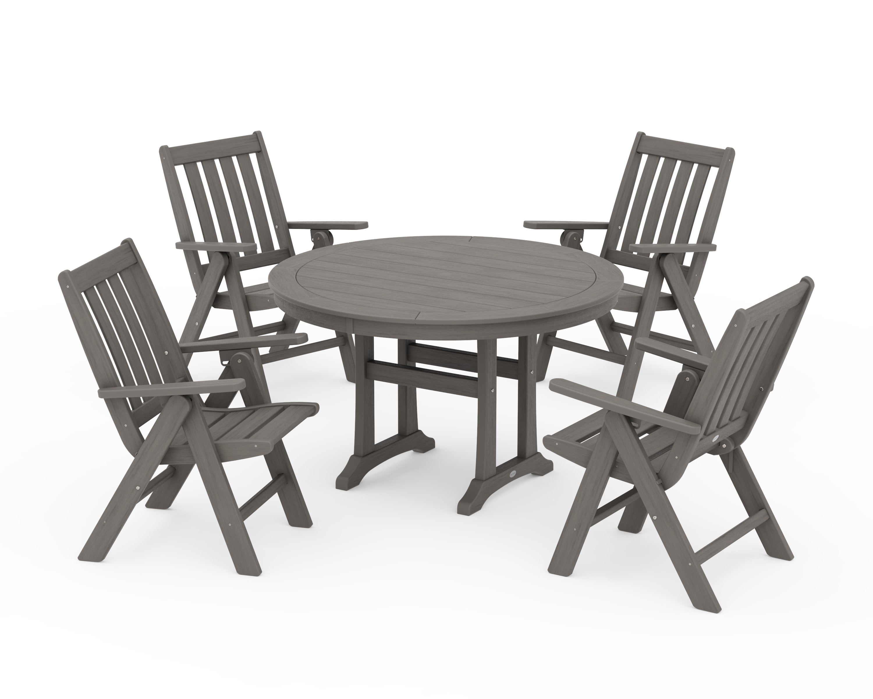 Vineyard Folding Chair 5-Piece Round Dining Set with Trestle Legs in Driftwood