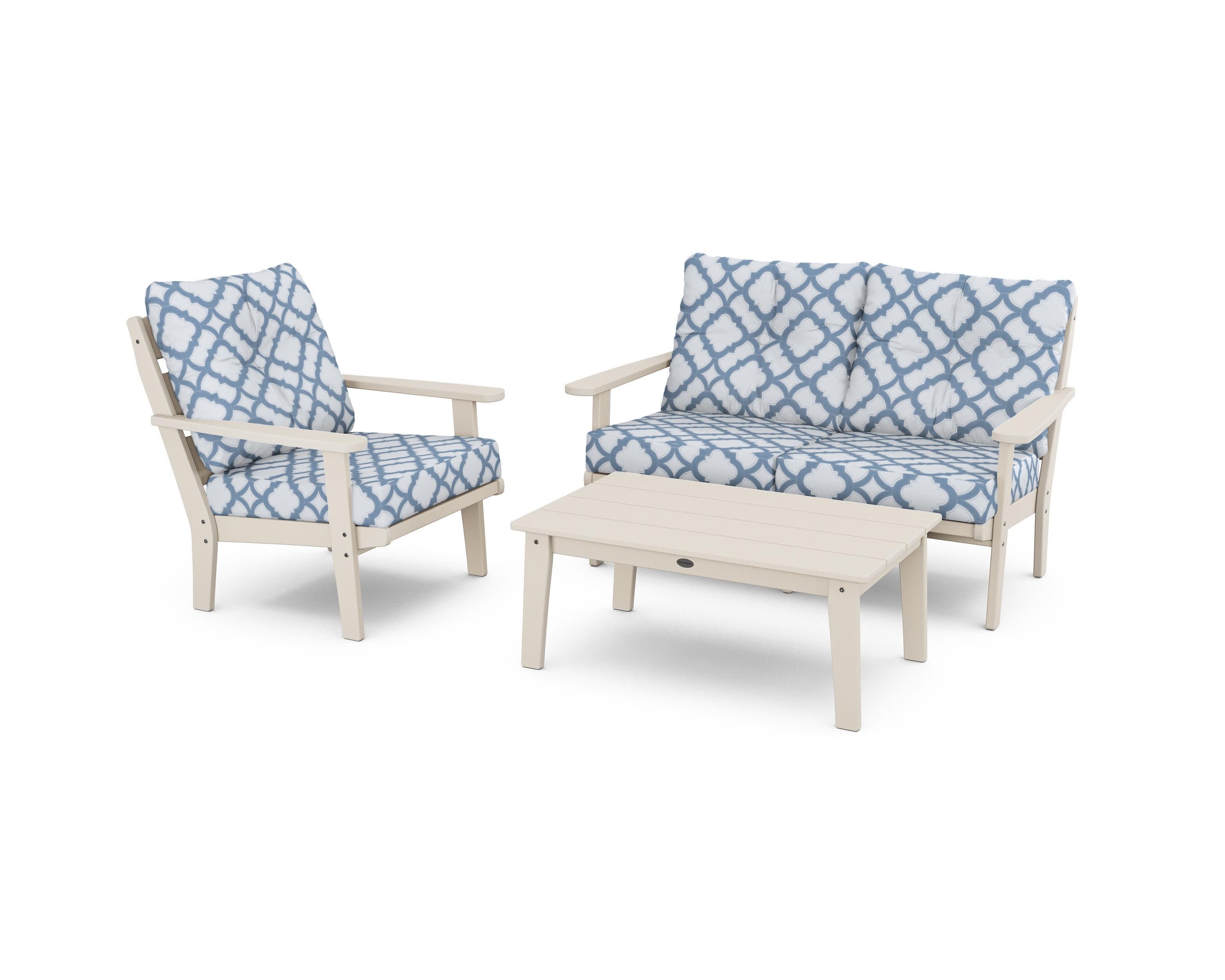 Lakeside 3-Piece Deep Seating Set in Sand / Trellis Sky Blue