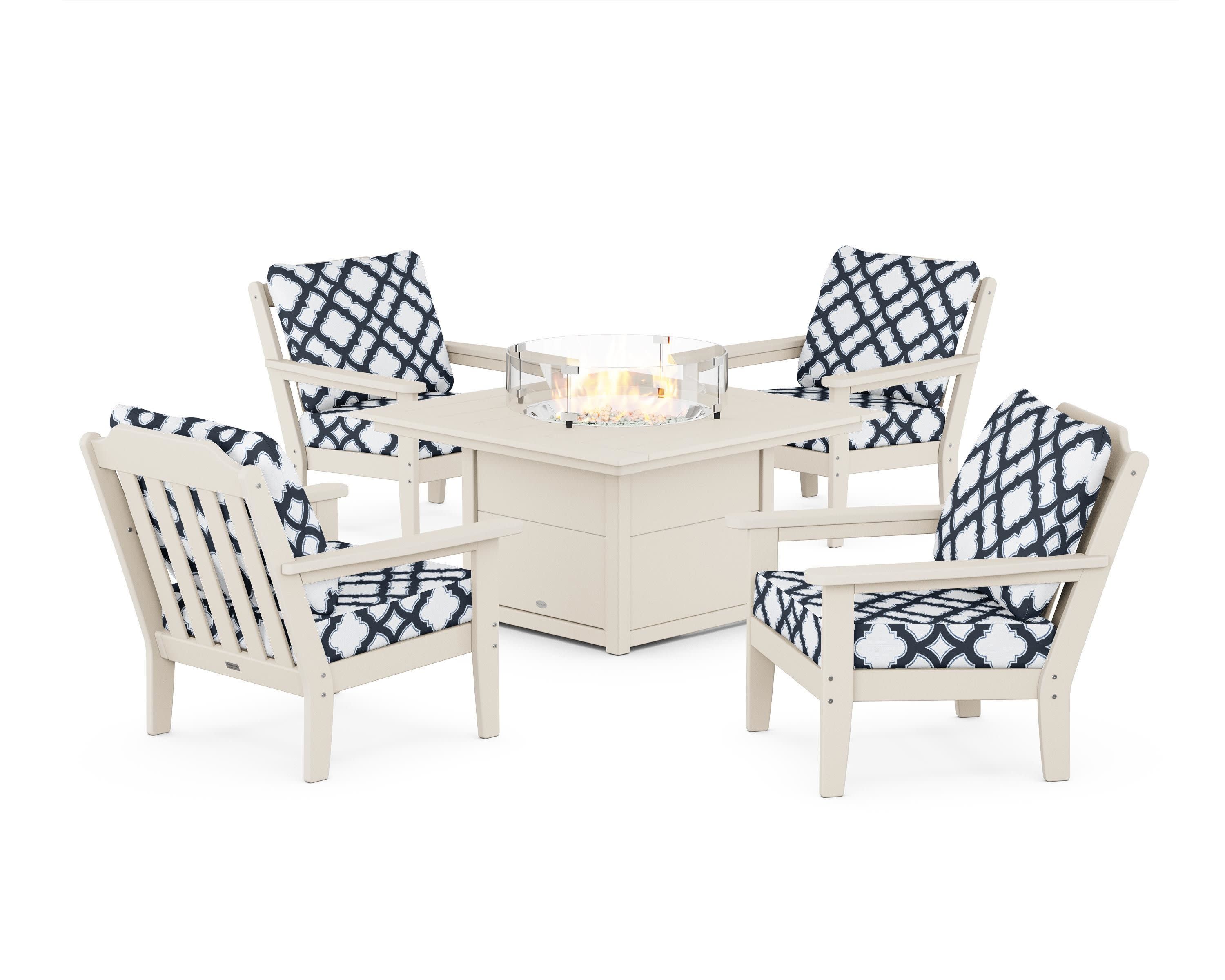 Cottage 5-Piece Deep Seating Set with Fire Pit Table in Sand / Trellis Marine Indigo