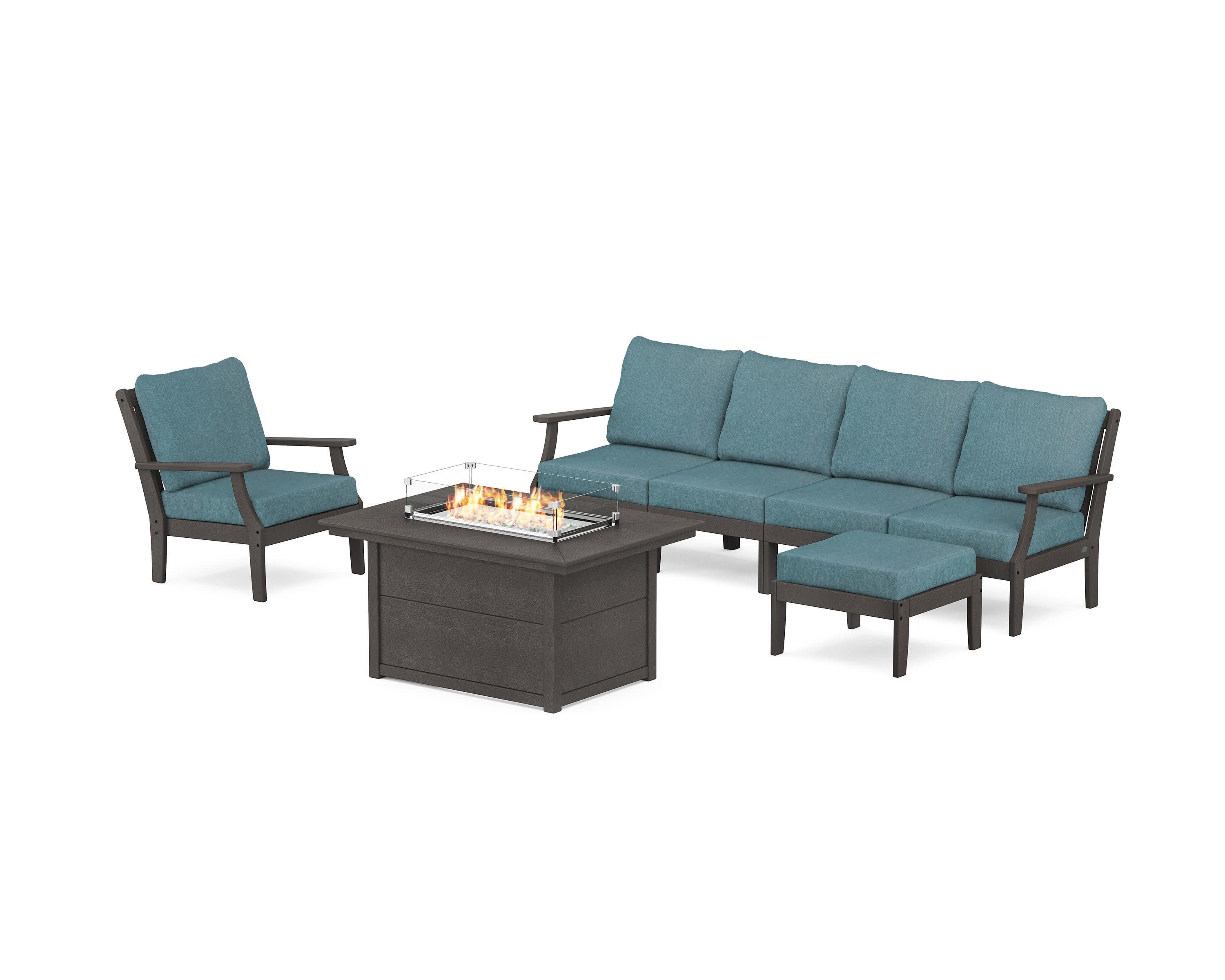 Braxton Sectional Lounge and Fire Pit Set in Vintage Coffee / Ocean Teal