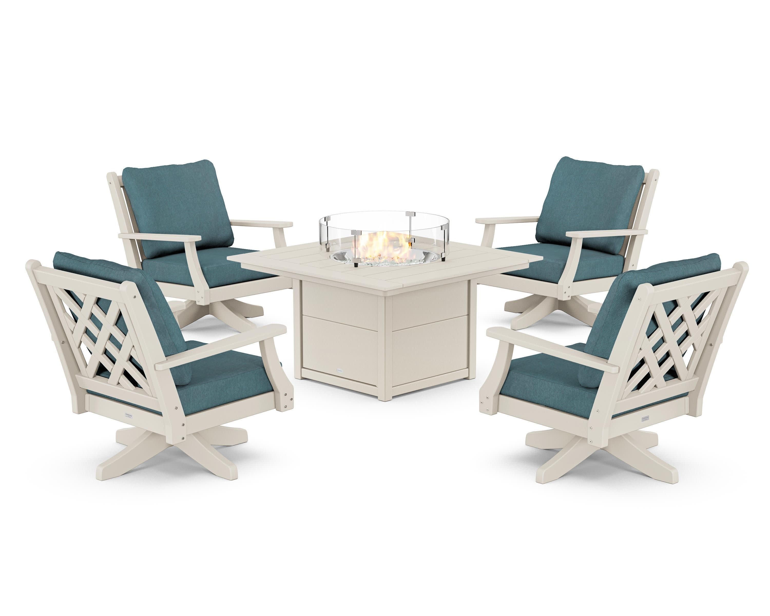 Wovendale 5-Piece Deep Seating Swivel Conversation Set with Fire Pit Table in Sand / Ocean Teal