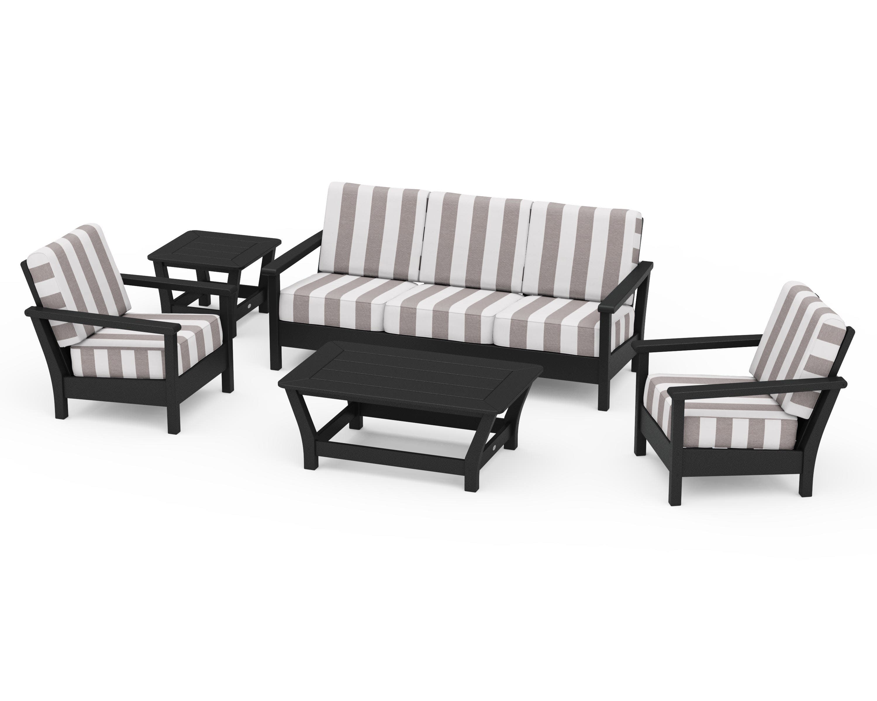 Harbour 5-Piece Deep Seating Set in Black / Cabana Stripe Grey Mist