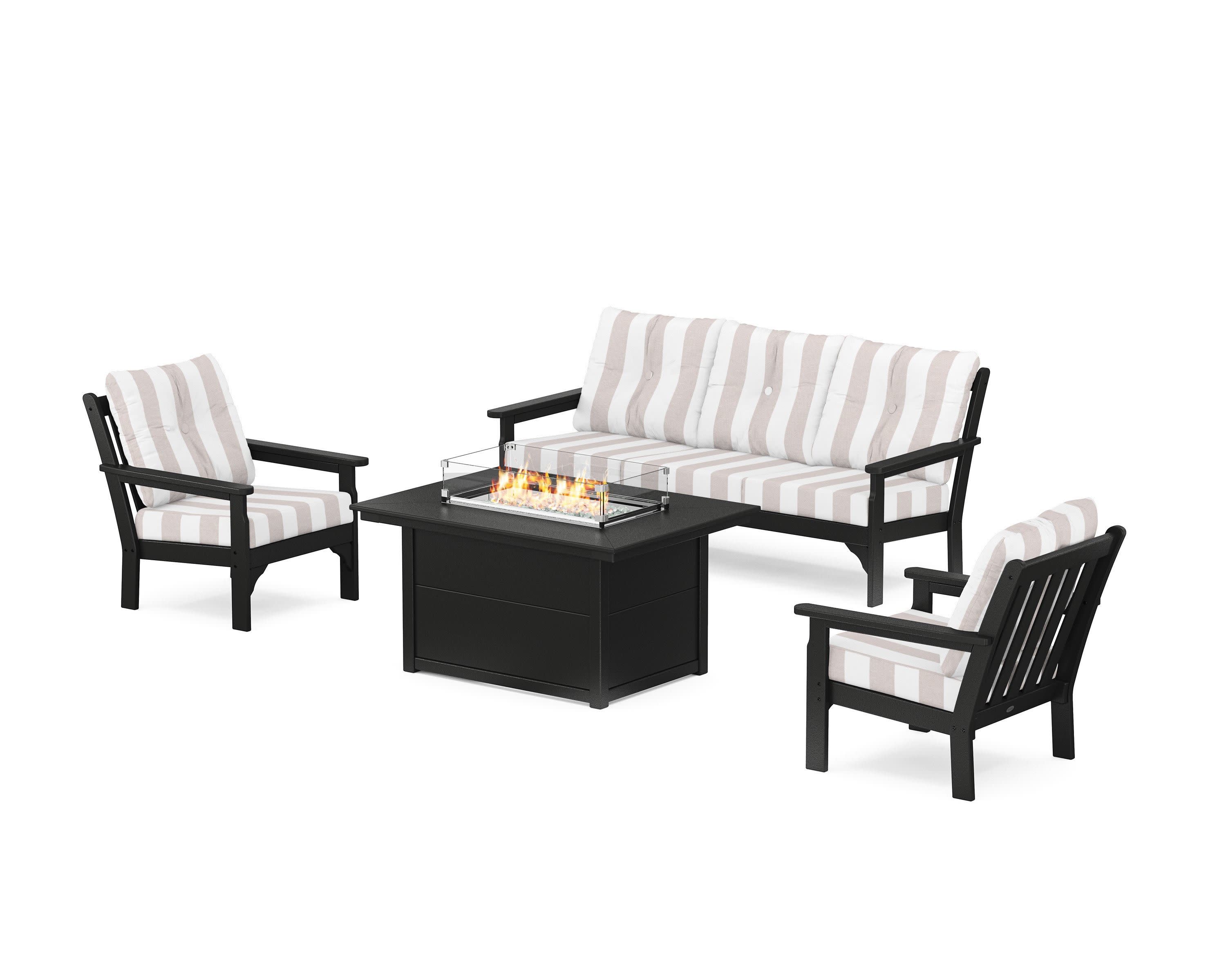 Vineyard Deep Seating Fire Pit Table Set in Black / Cabana Stripe Dune Burlap