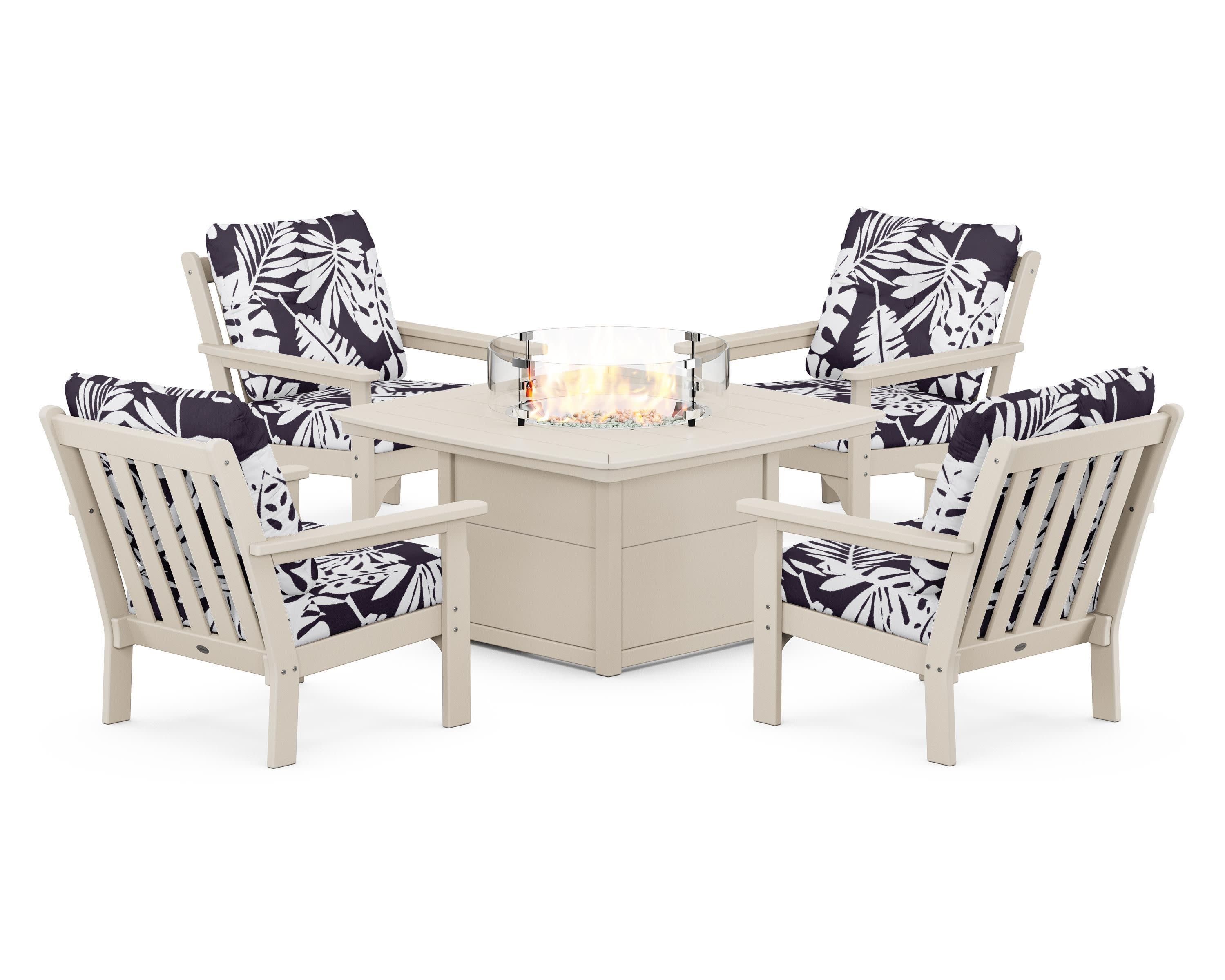 Vineyard 5-Piece Conversation Set with Fire Pit Table in Sand / Leaf Navy