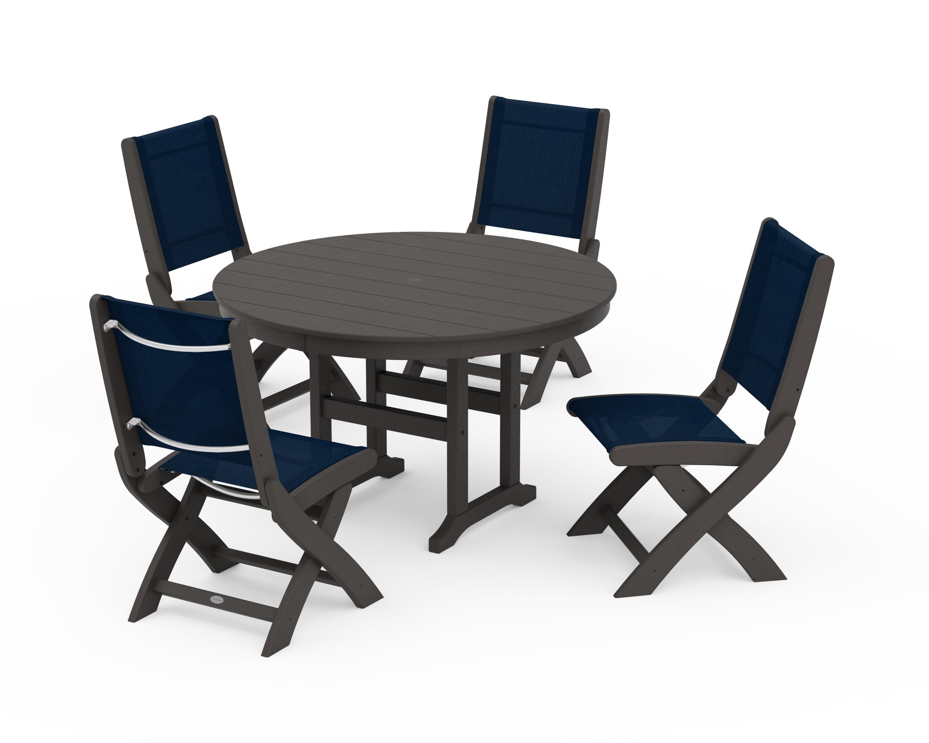 Coastal Folding Side Chair 5-Piece Round Dining Set in Vintage Coffee / Navy Blue Sling