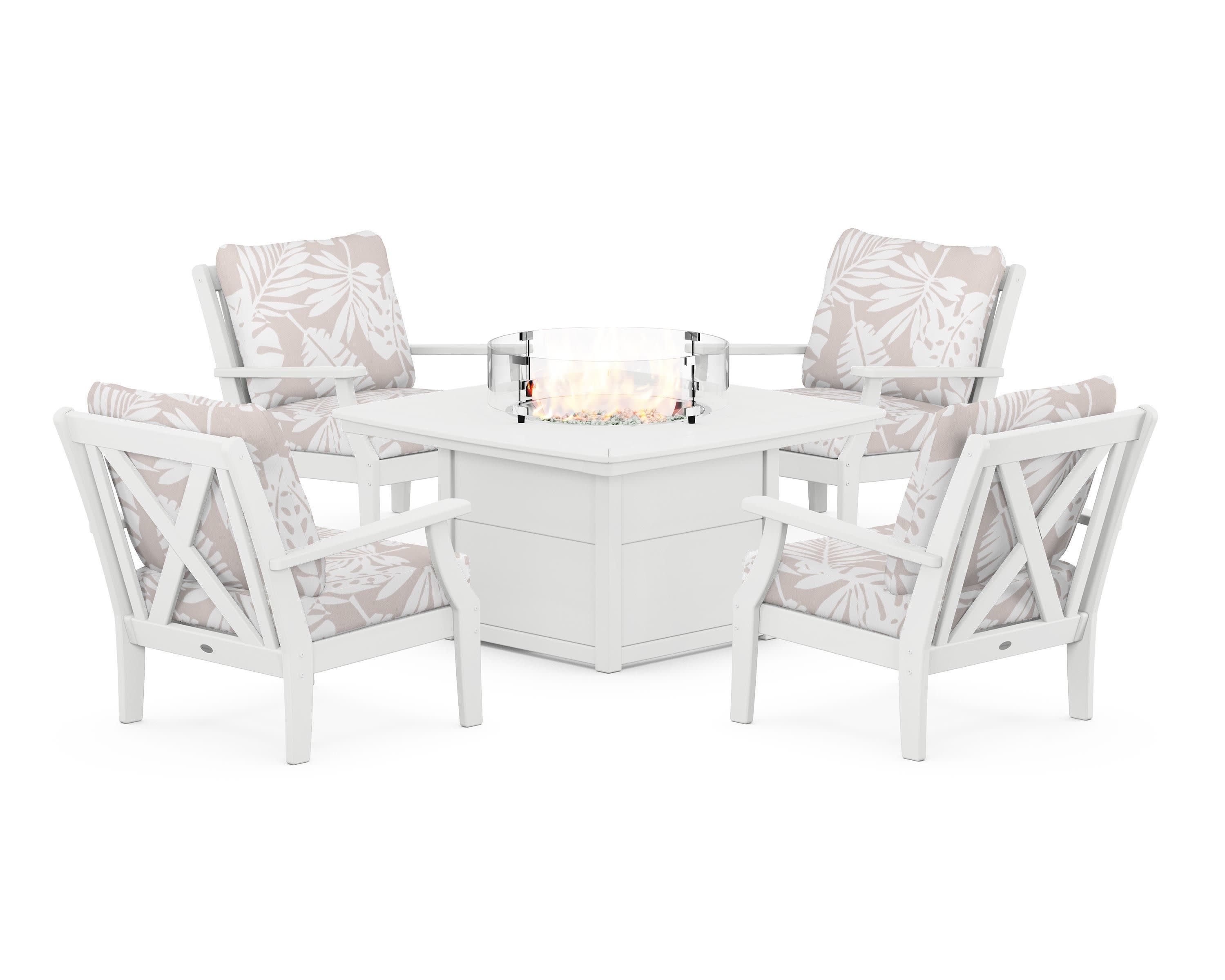Braxton 5-Piece Deep Seating Conversation Set with Fire Pit Table in White / Leaf Dune Burlap