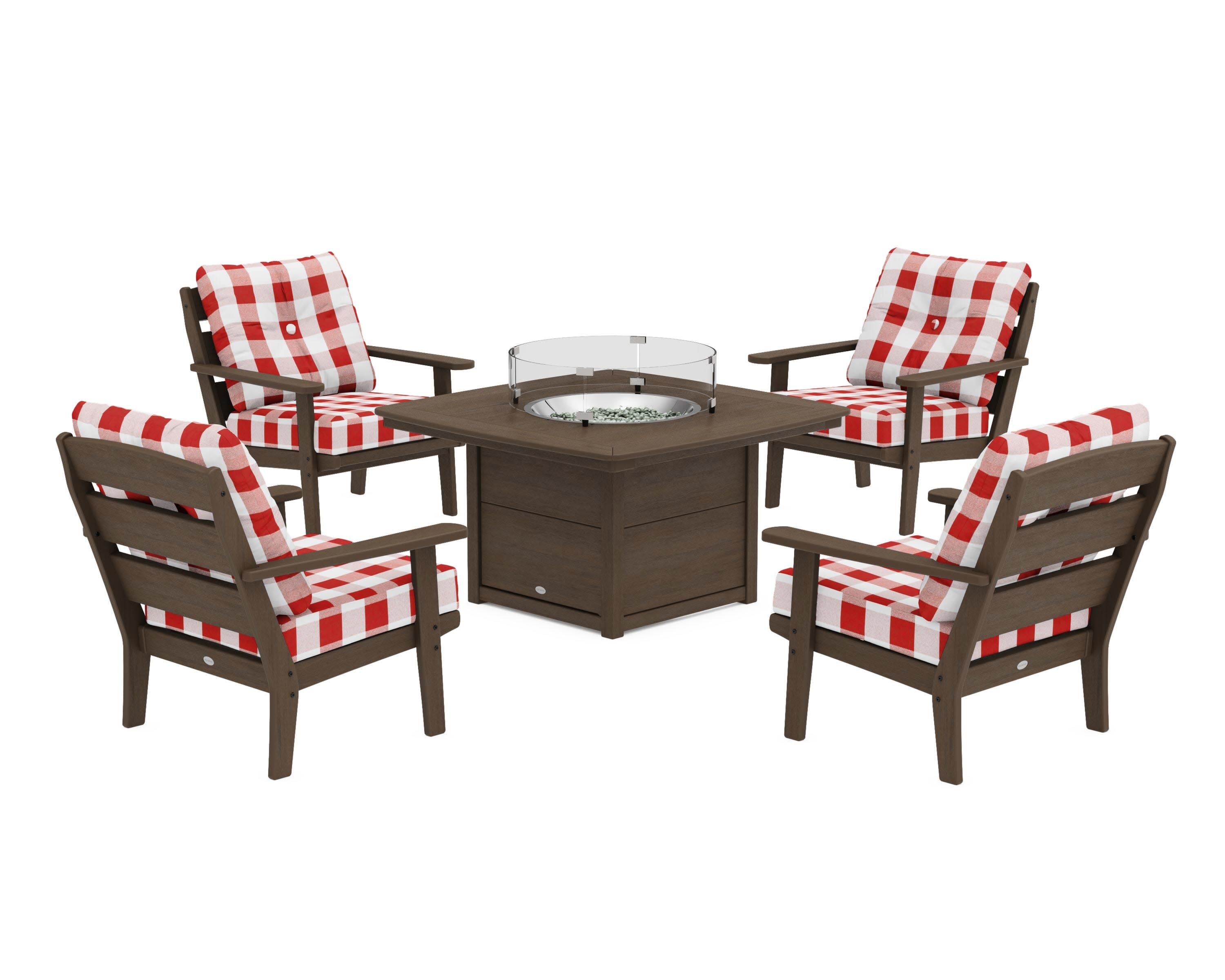 Lakeside 5-Piece Deep Seating Set with Nautical Fire Pit Table in Kona / Buffalo Plaid Crimson