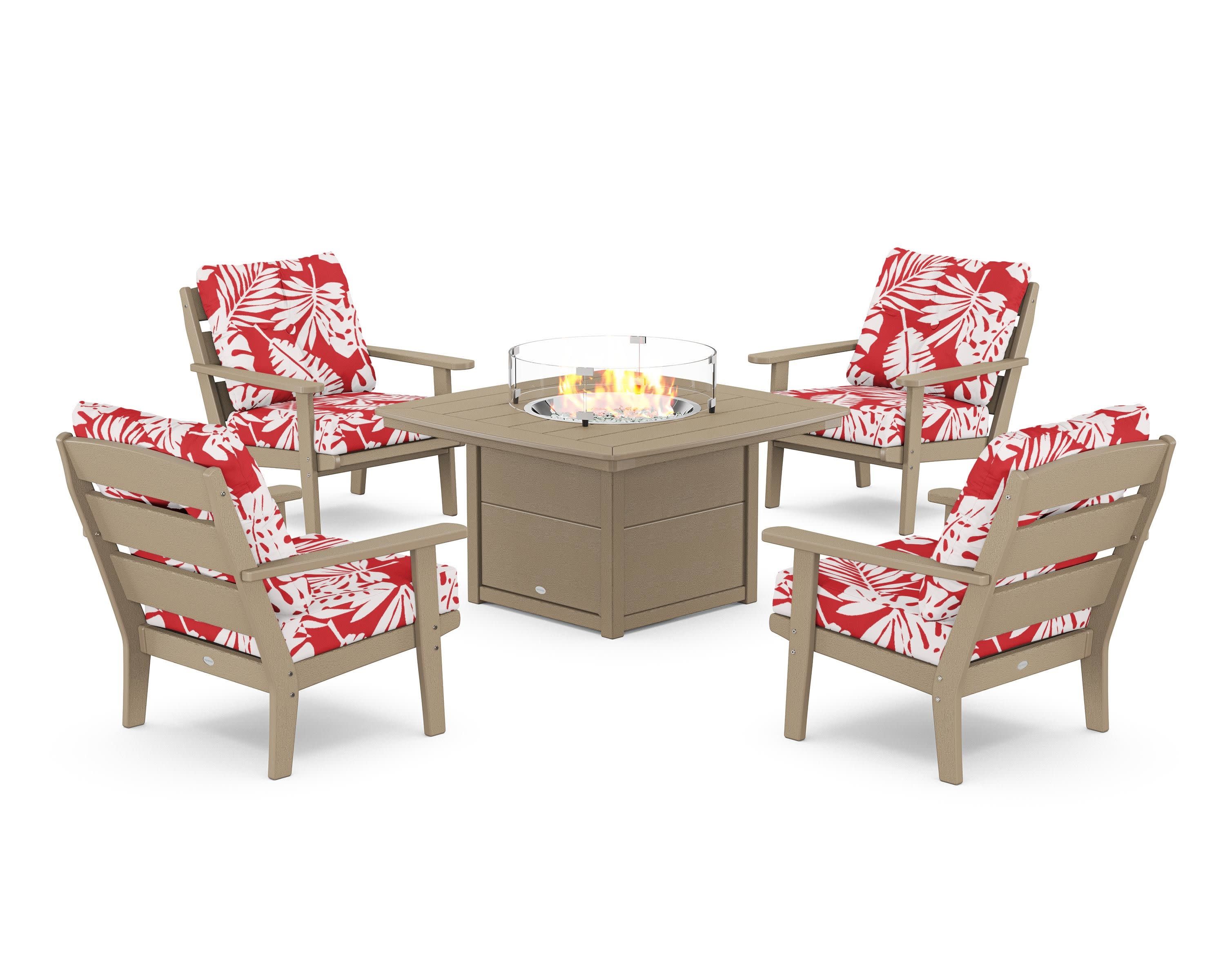 Lakeside 5-Piece Deep Seating Set with Nautical Fire Pit Table in Vintage Sahara / Leaf Crimson