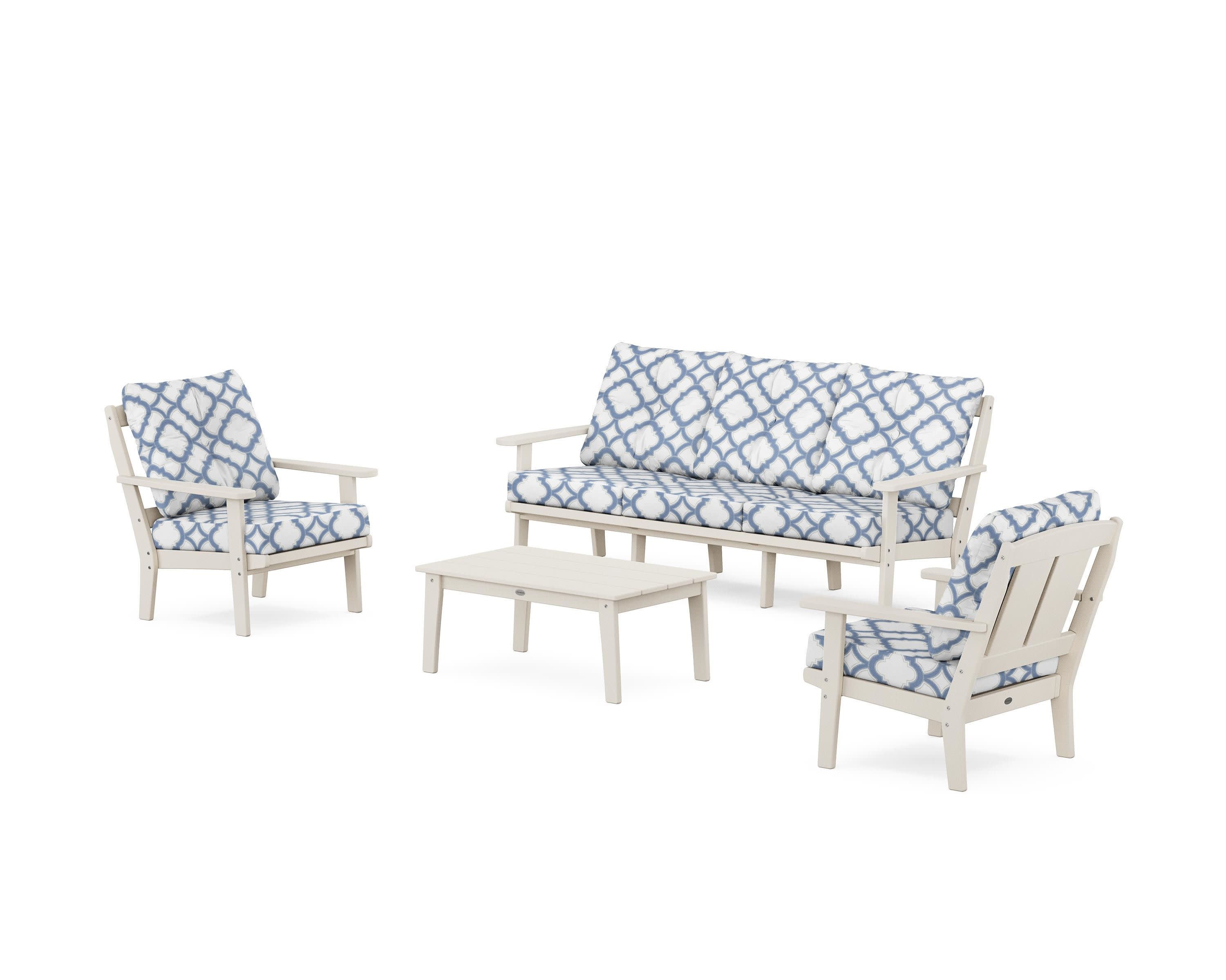 Mission 4-Piece Deep Seating Set with Sofa in Sand / Trellis Sky Blue