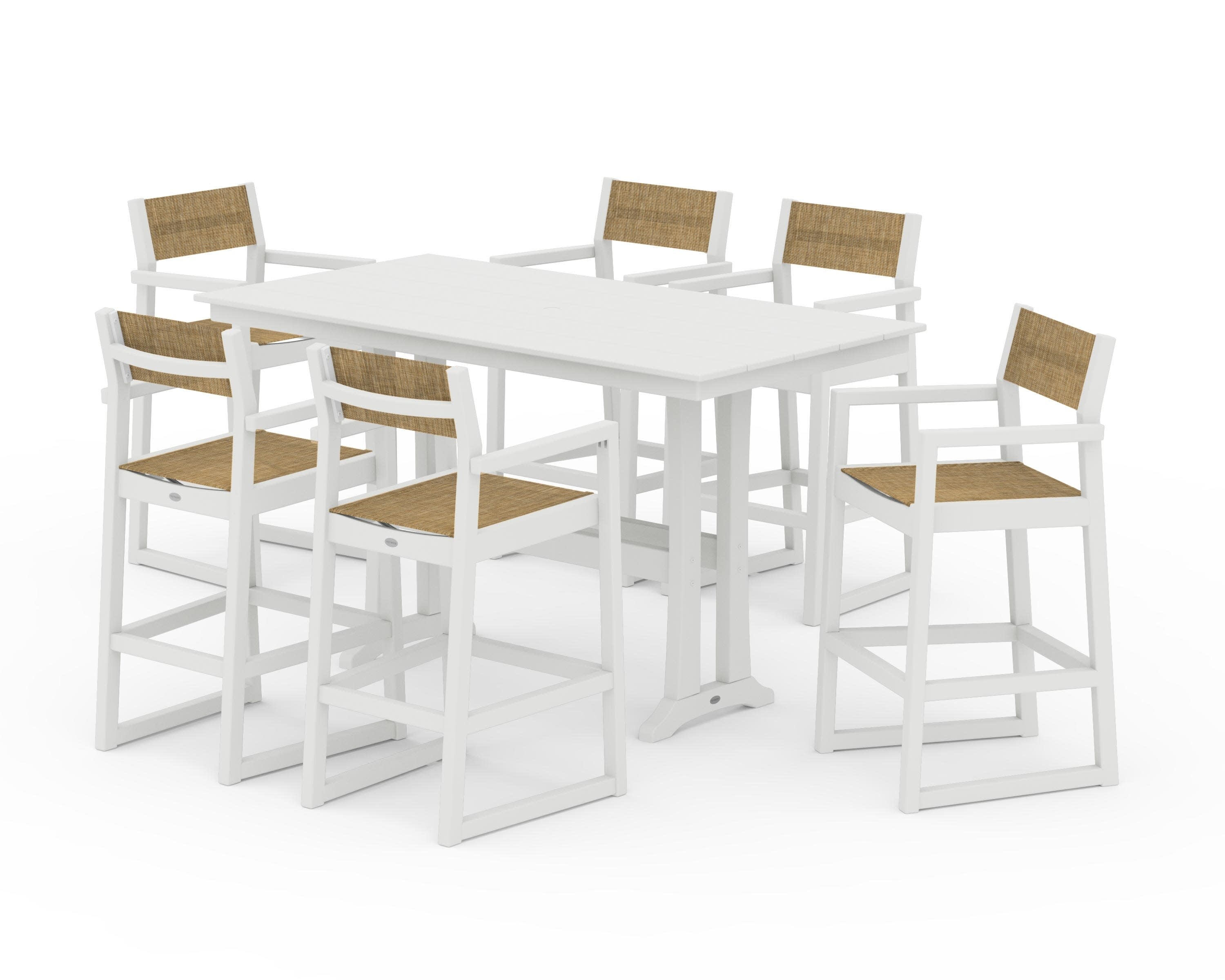 EDGE Sling Arm Chair 7-Piece Farmhouse Bar Set with Trestle Legs in Vintage White / Burlap Sling