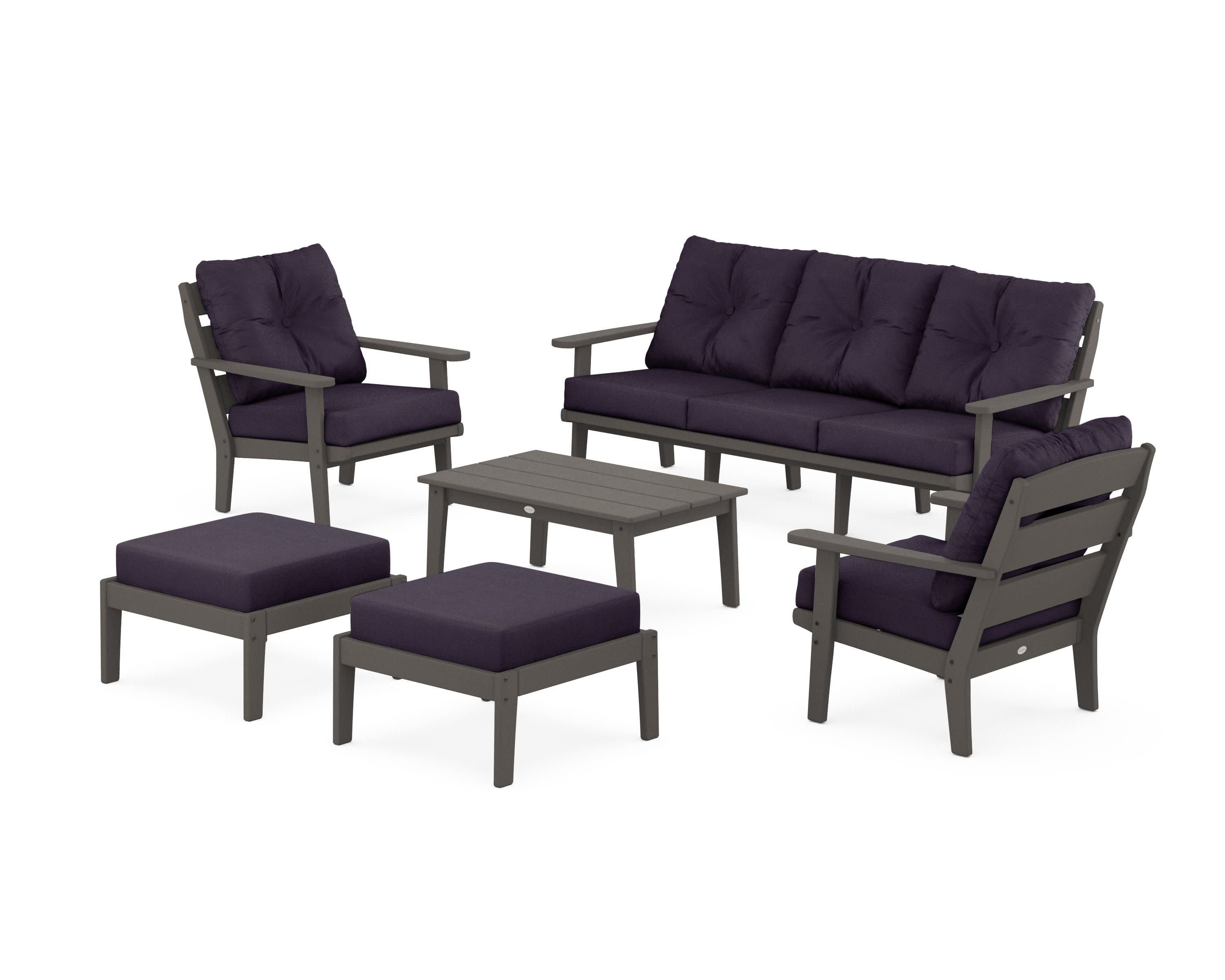 Lakeside 6-Piece Lounge Sofa Set in Vintage Coffee / Navy Linen