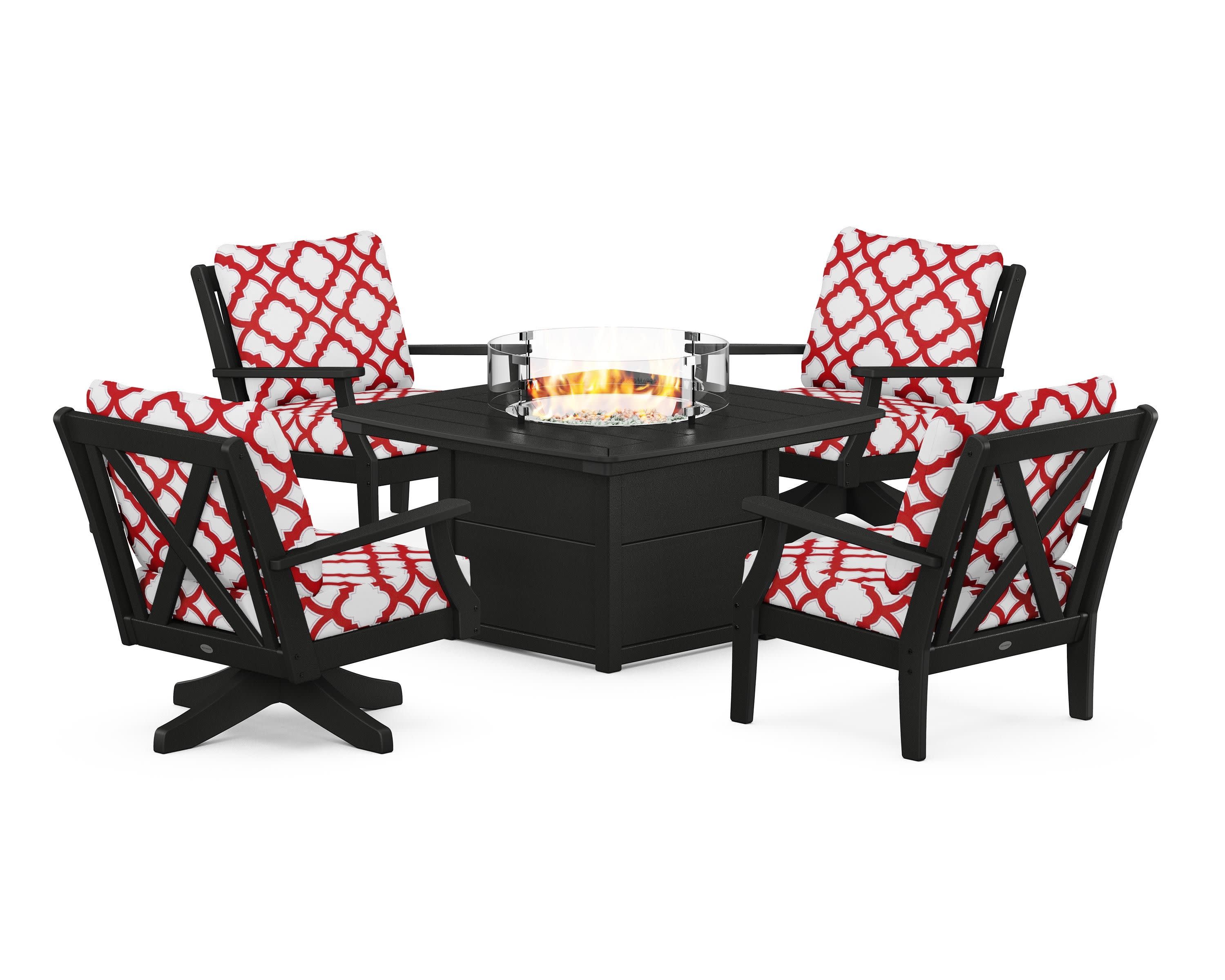 Braxton 5-Piece Deep Seating Set with Fire Table in Black / Trellis Crimson