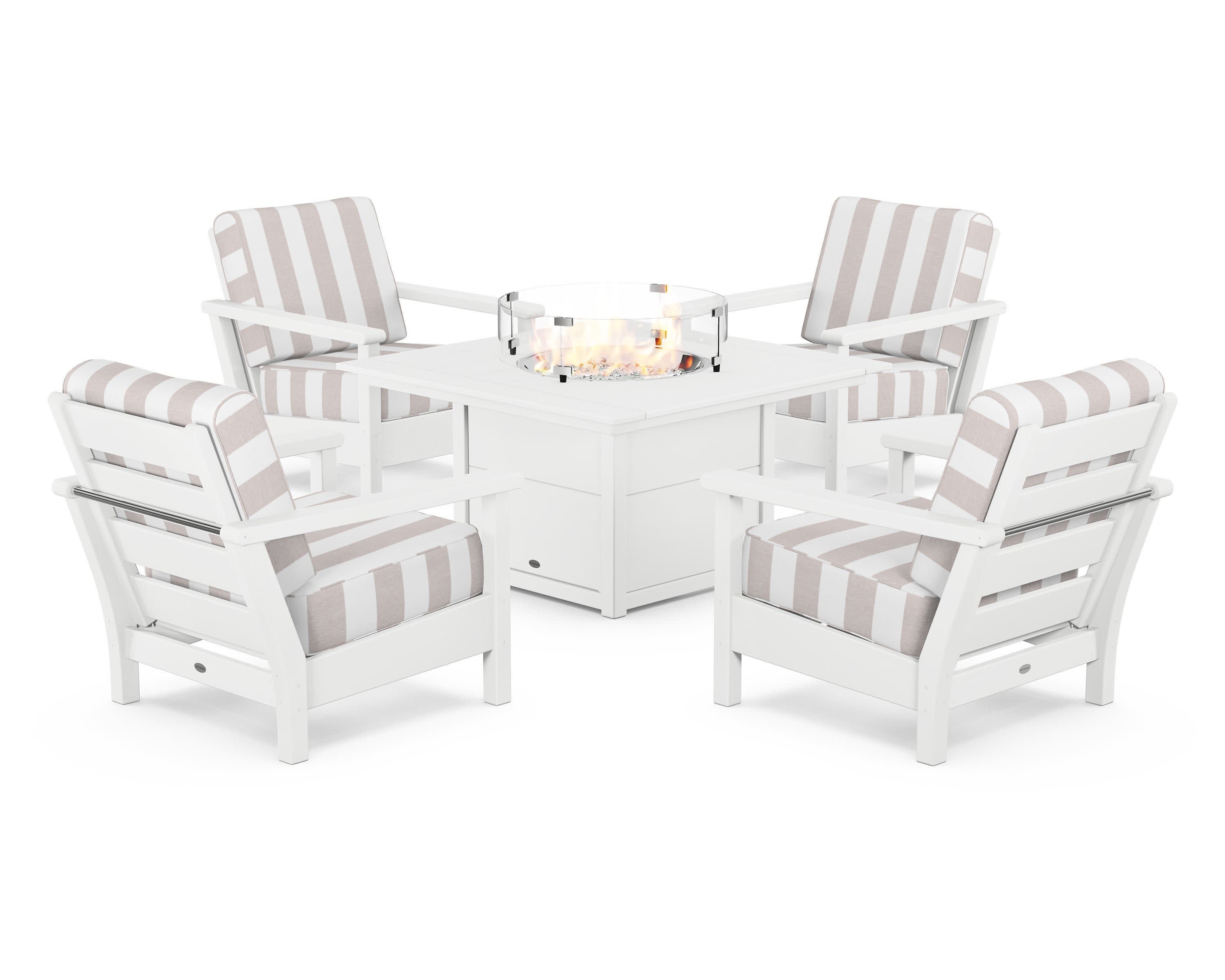 Harbour 5-Piece Conversation Set with Fire Pit Table in White / Cabana Stripe Dune Burlap