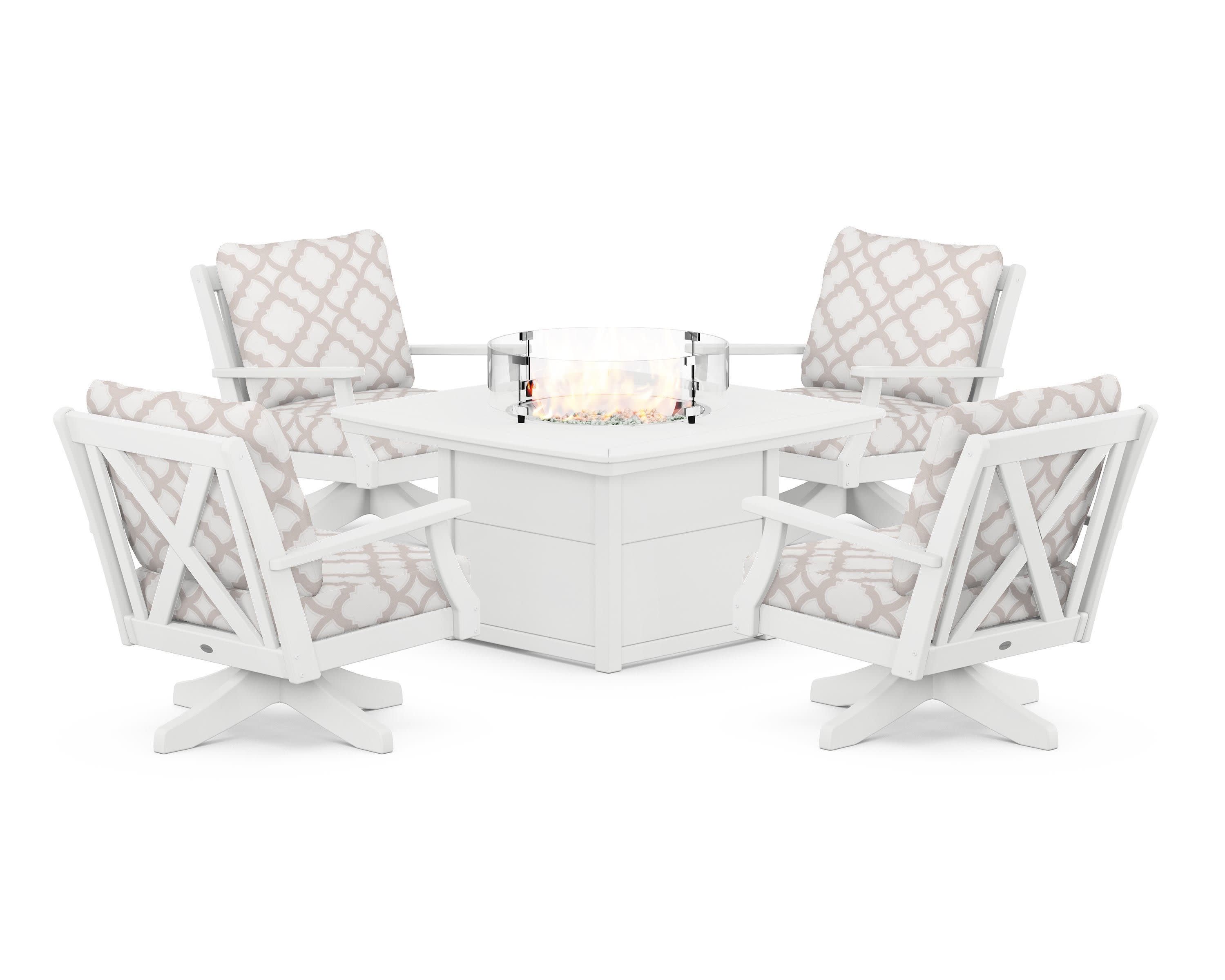 Braxton 5-Piece Deep Seating Swivel Conversation Set with Fire Pit Table in White / Trellis Dune Burlap