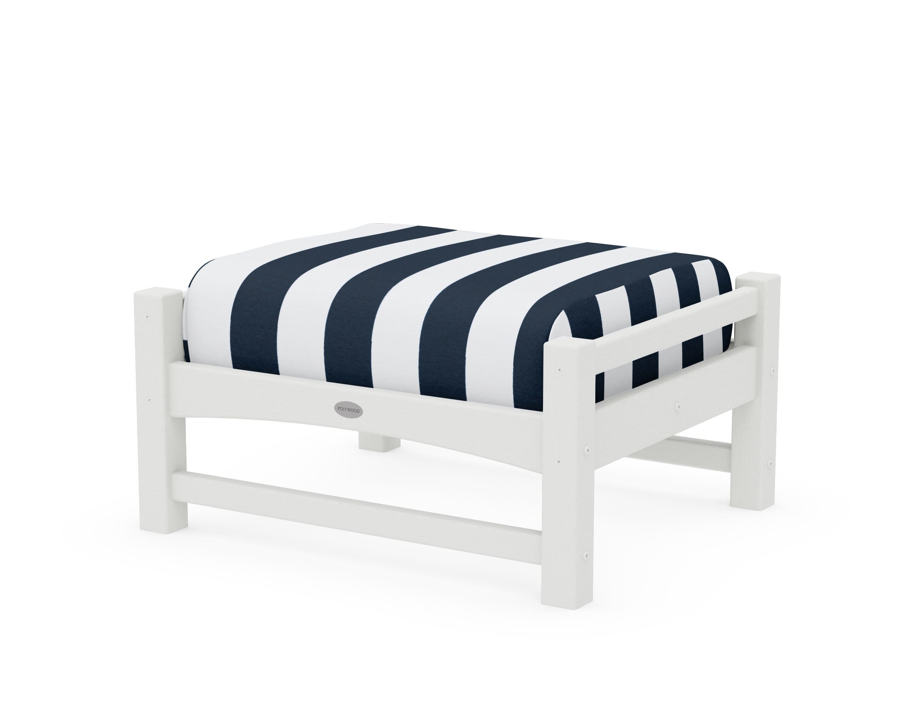 Club Ottoman in Vintage White / Cabana Stripe Marine Indigo