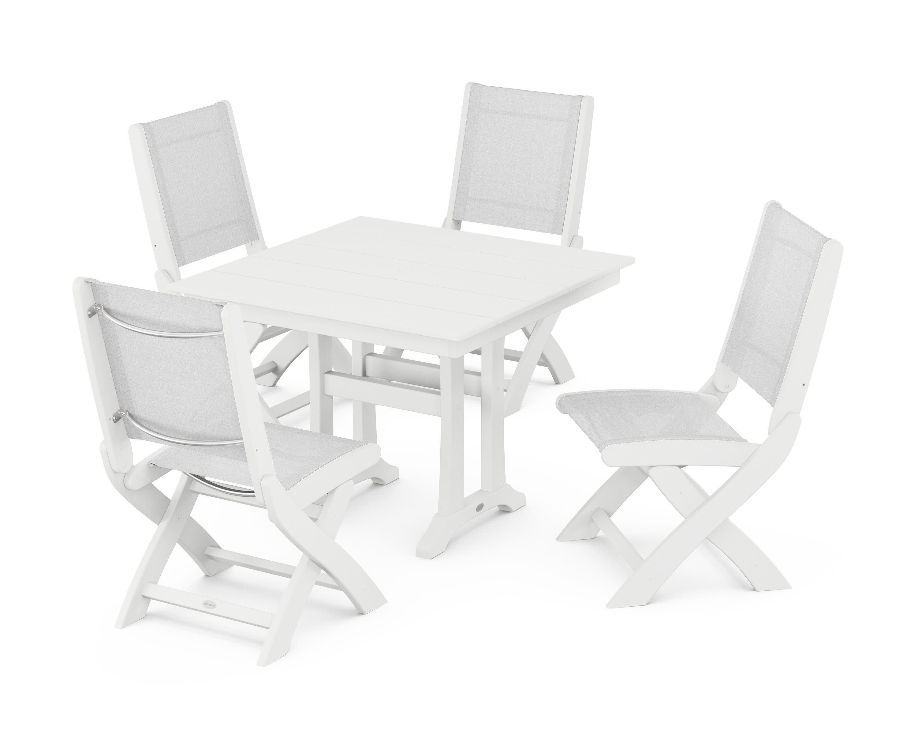 Coastal Folding Side Chair 5-Piece Farmhouse Dining Set With Trestle Legs in White / White Sling